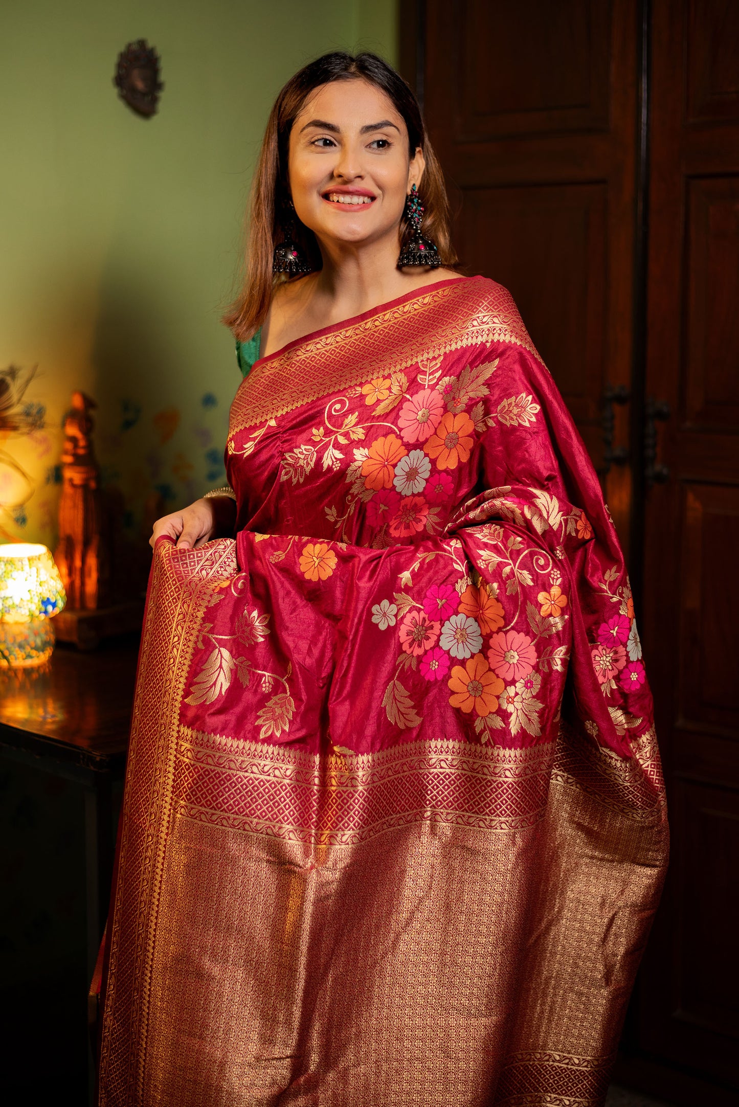 Red floral viscose silk Powerloom saree