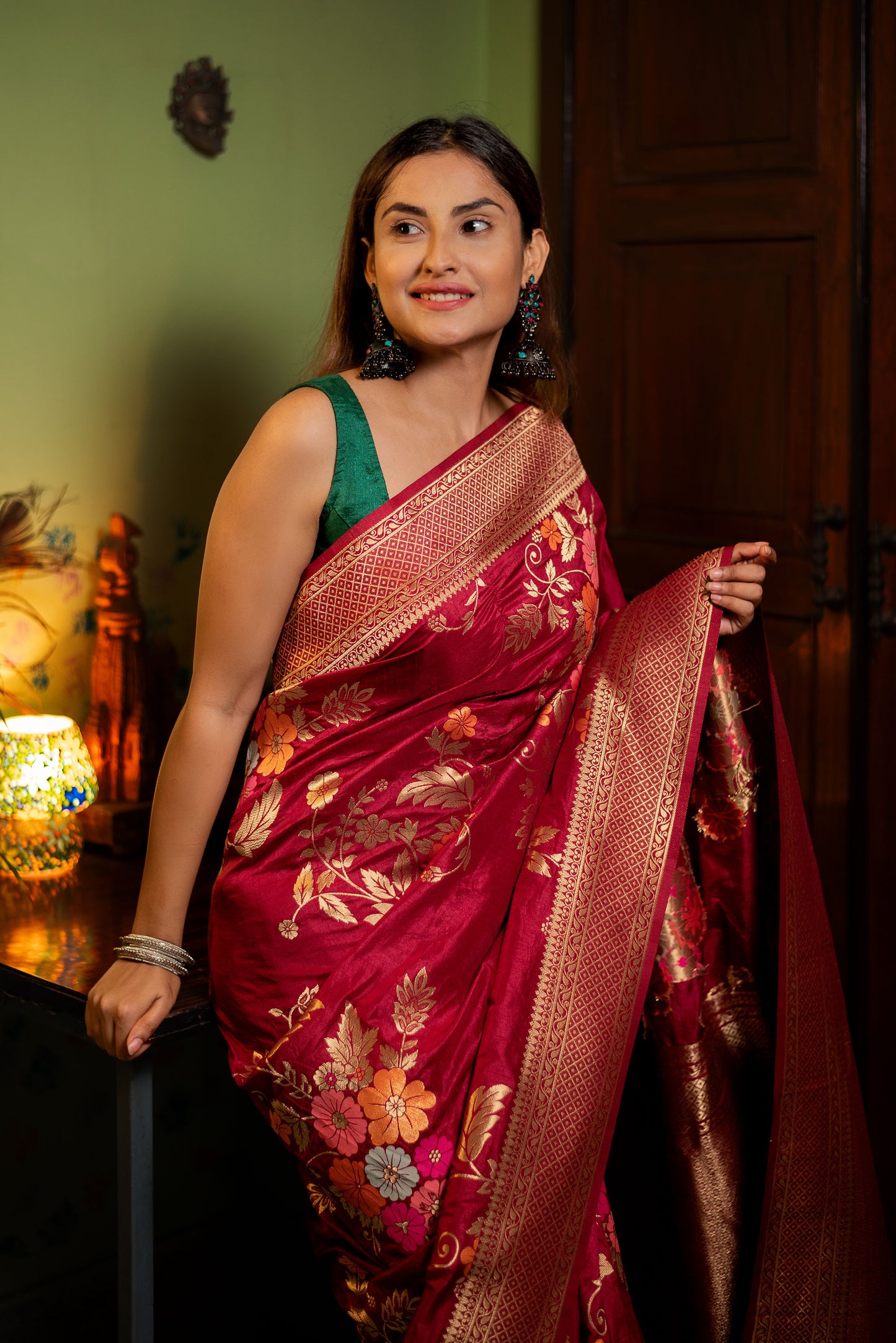 Red floral viscose silk Powerloom saree