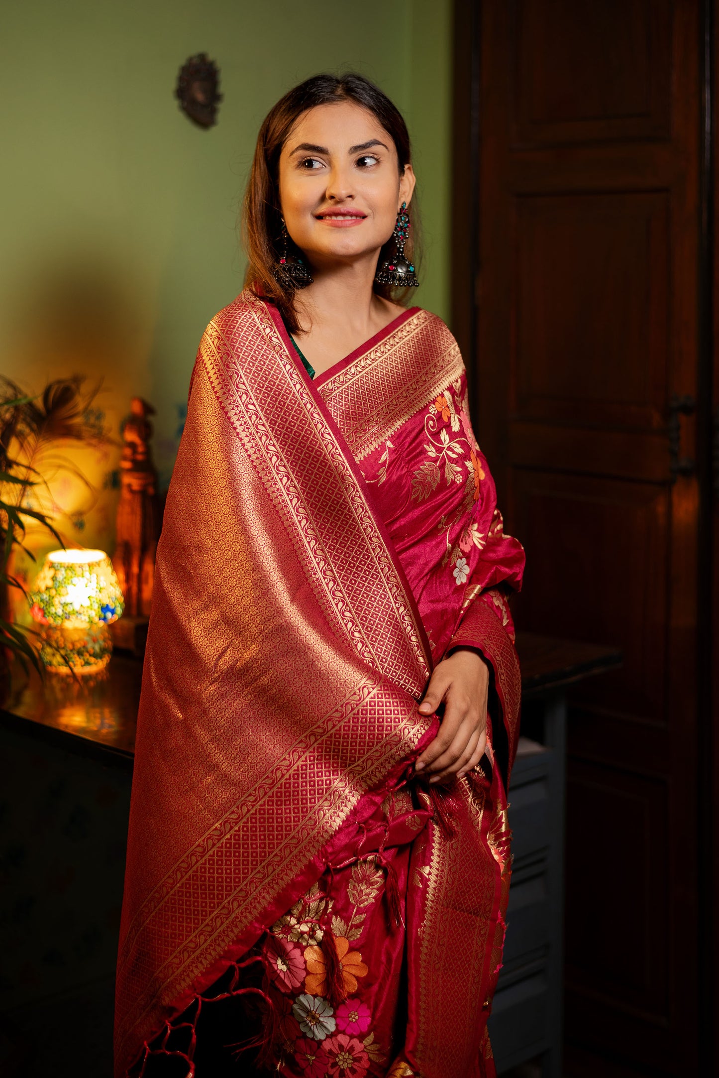 Red floral viscose silk Powerloom saree