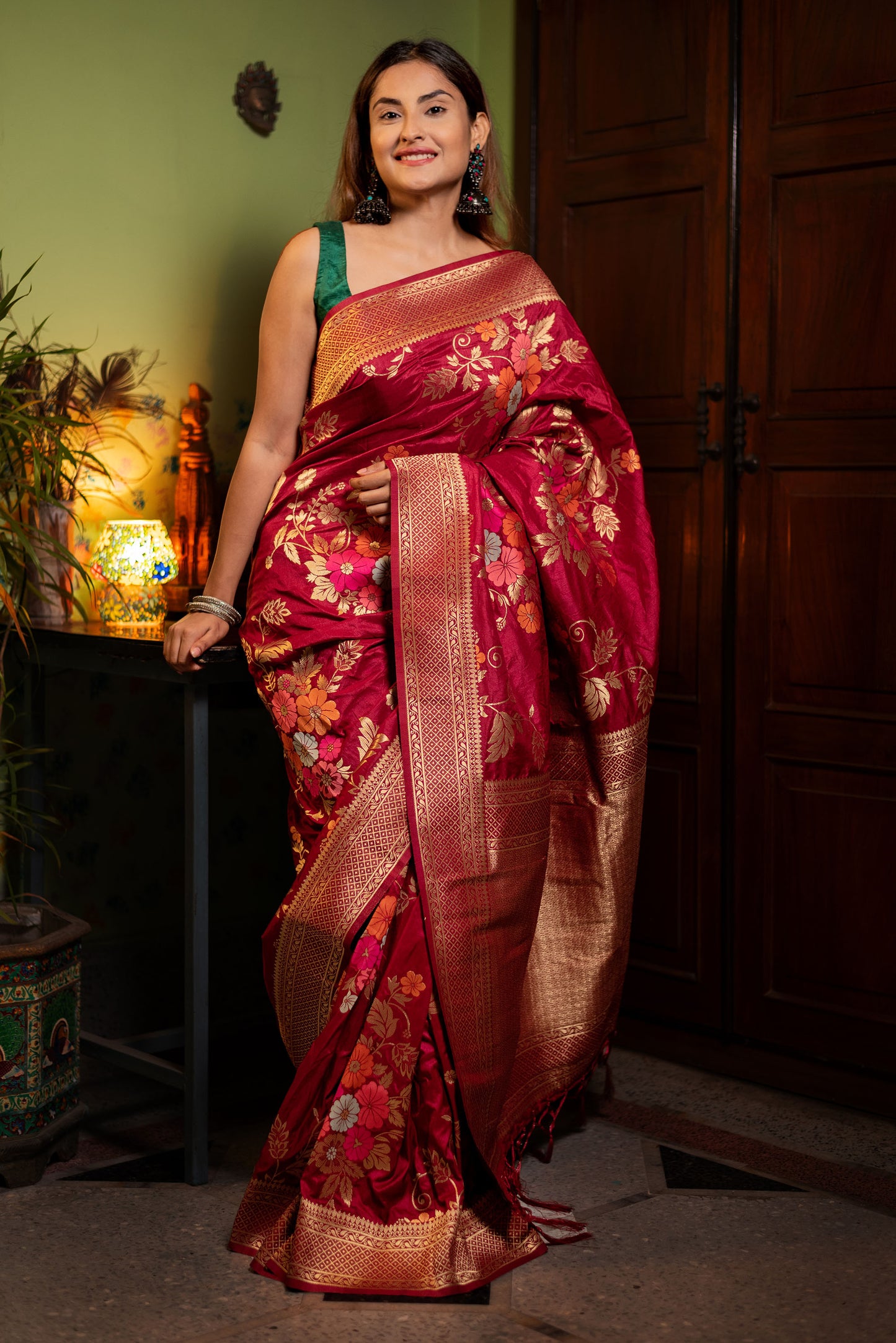 Red floral viscose silk Powerloom saree