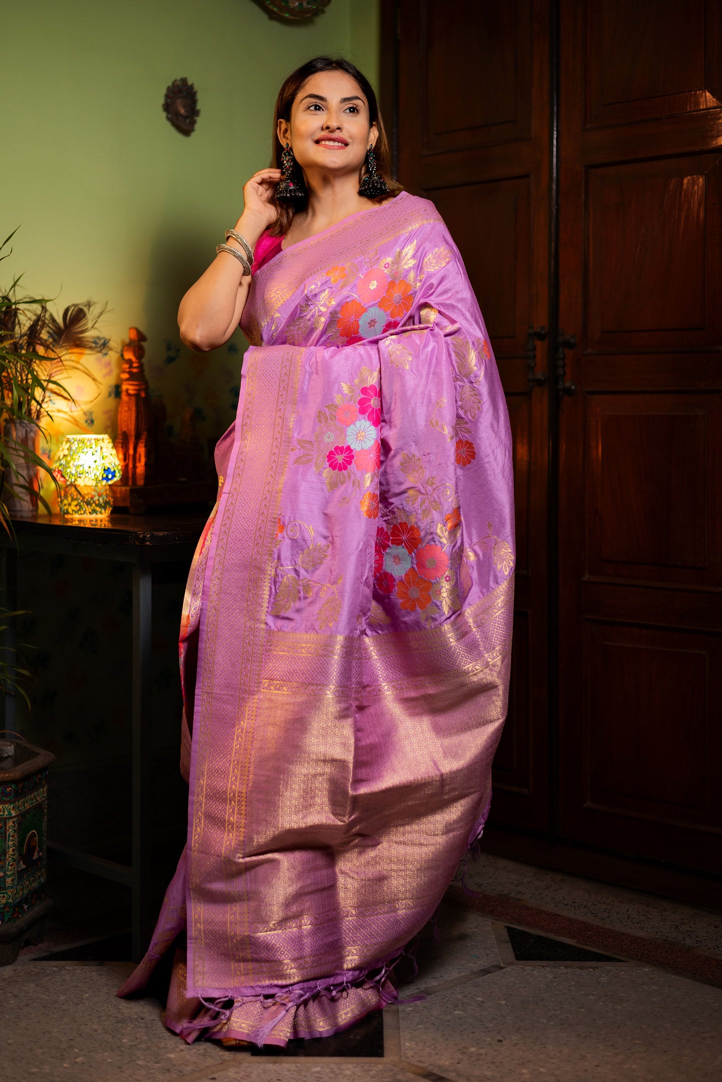 Purple floral viscose silk saree