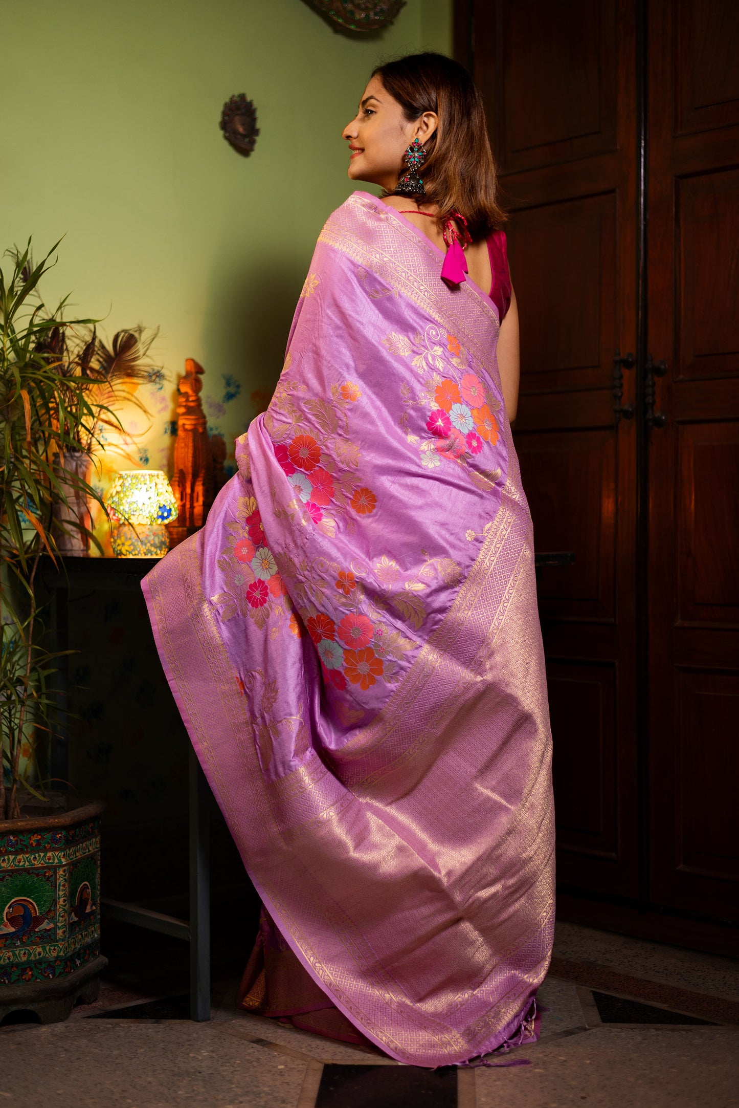 Purple floral viscose silk saree