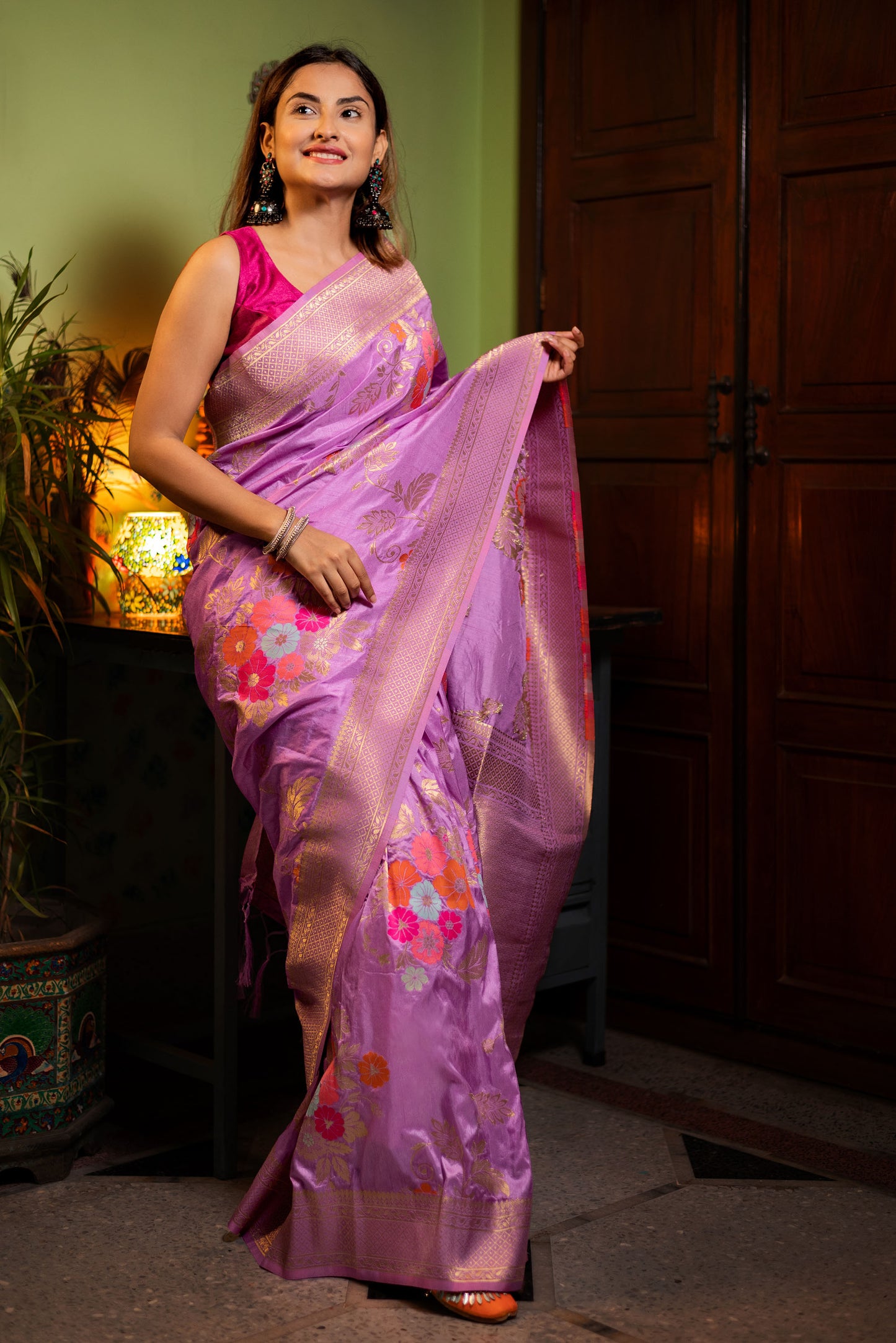 Purple floral viscose silk saree