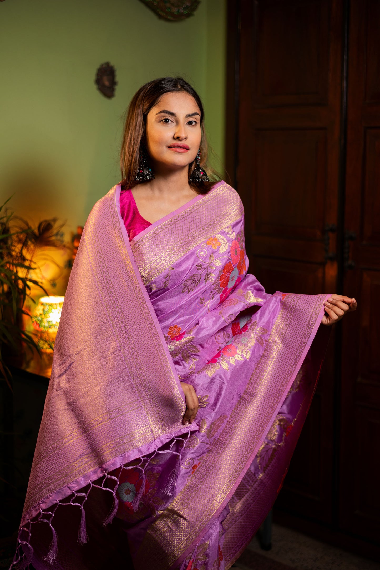 Purple floral viscose silk saree