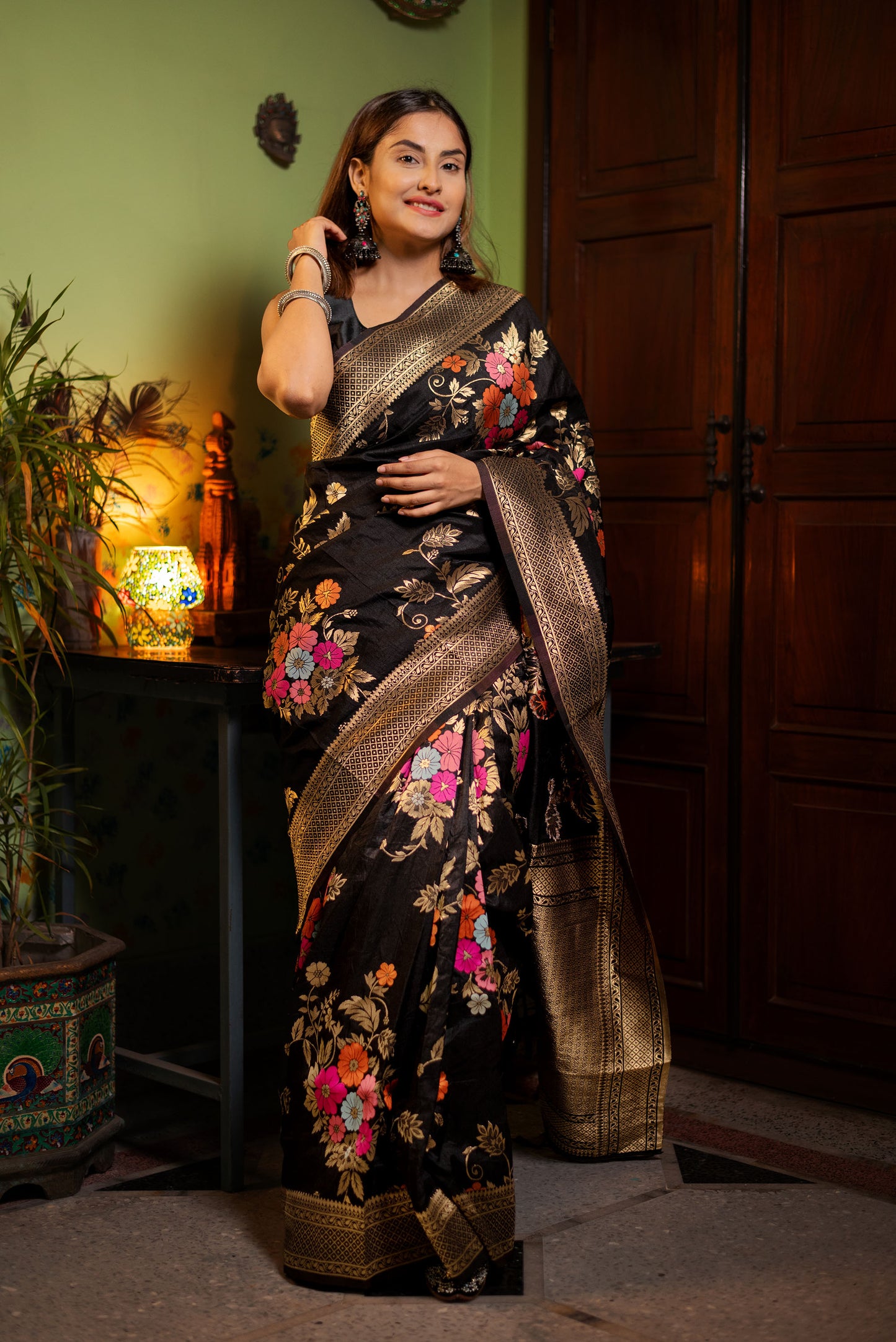 Black floral viscose silk saree