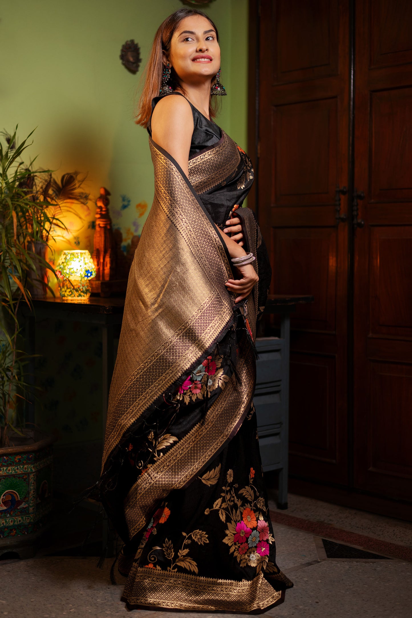 Black floral viscose silk saree