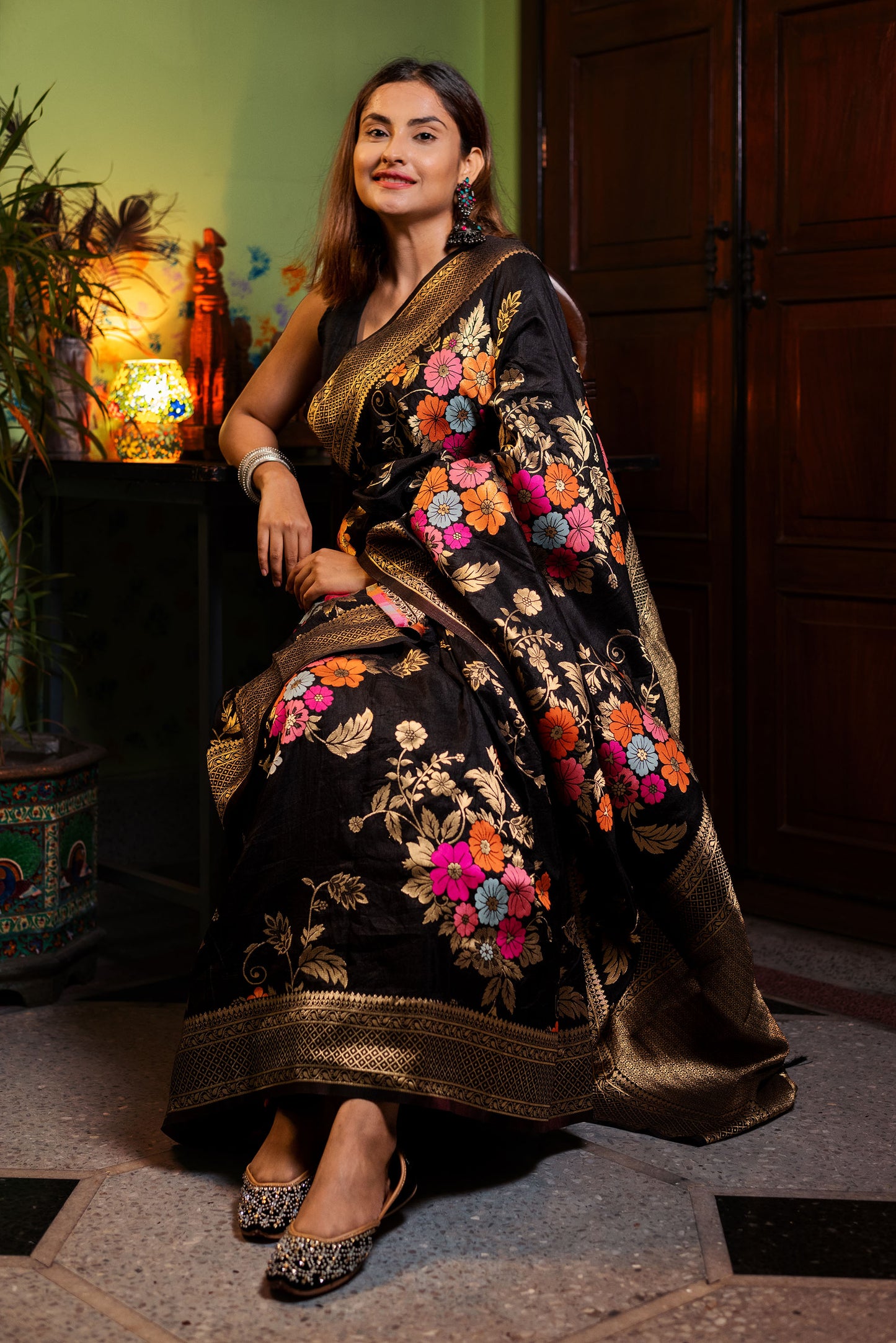 Black floral viscose silk saree