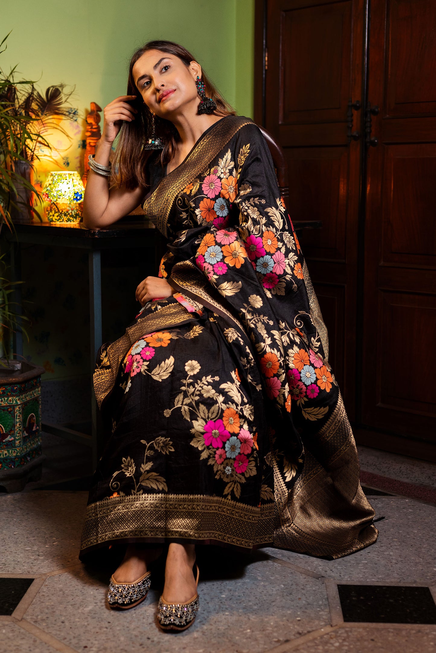 Black floral viscose silk saree