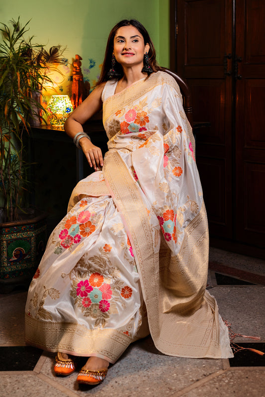 White floral viscose silk Powerloom saree