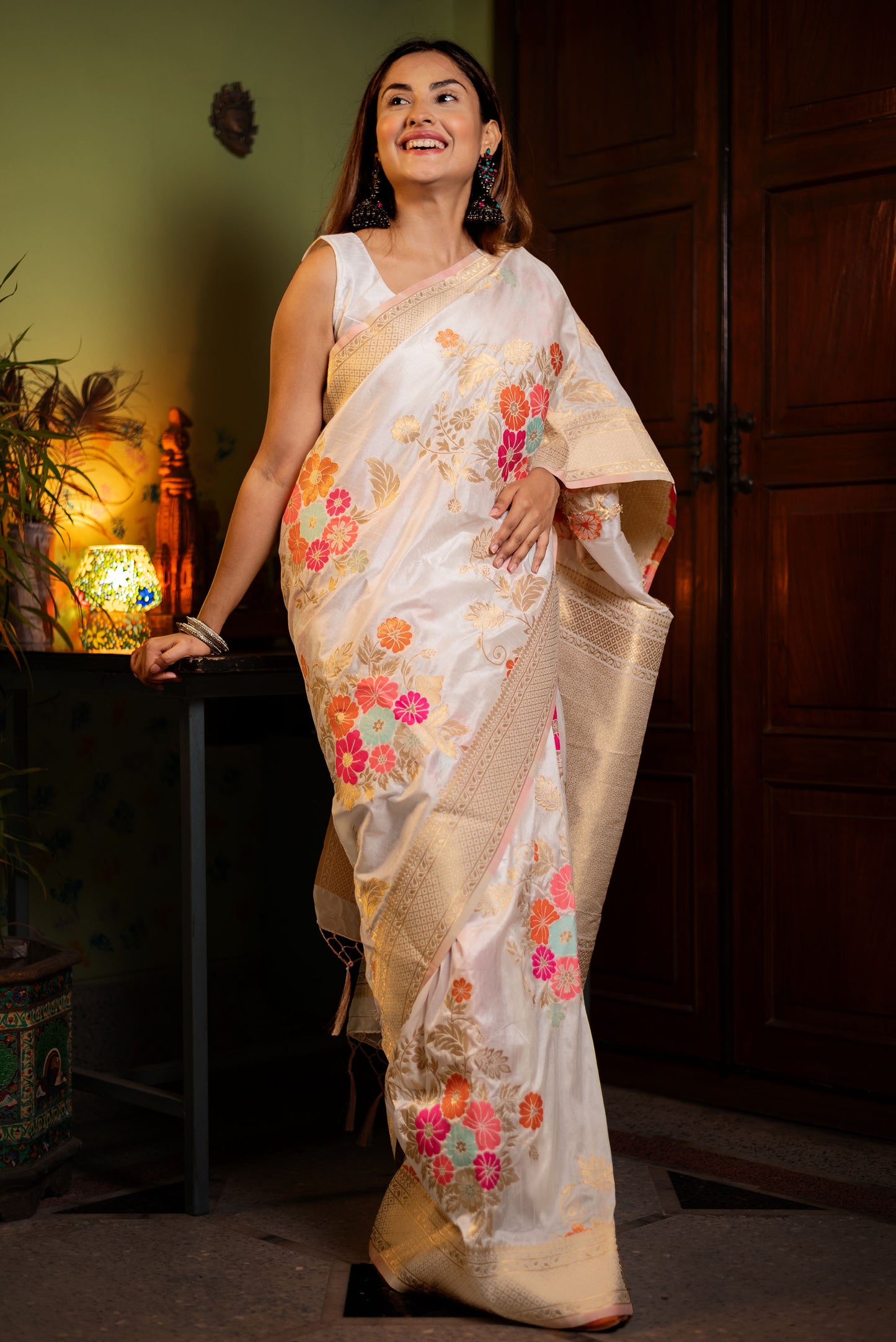 White floral viscose silk Powerloom saree