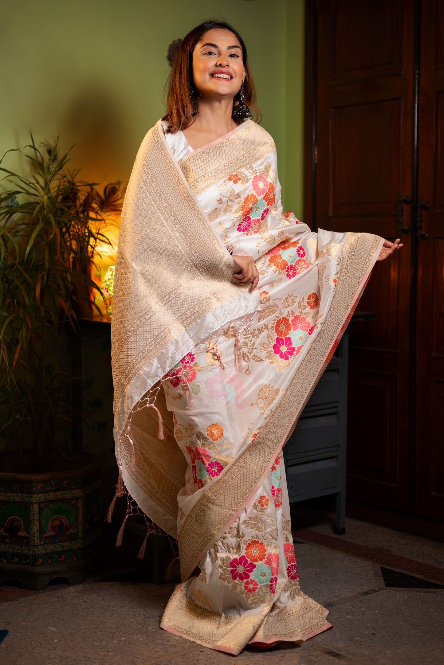 White floral viscose silk Powerloom saree