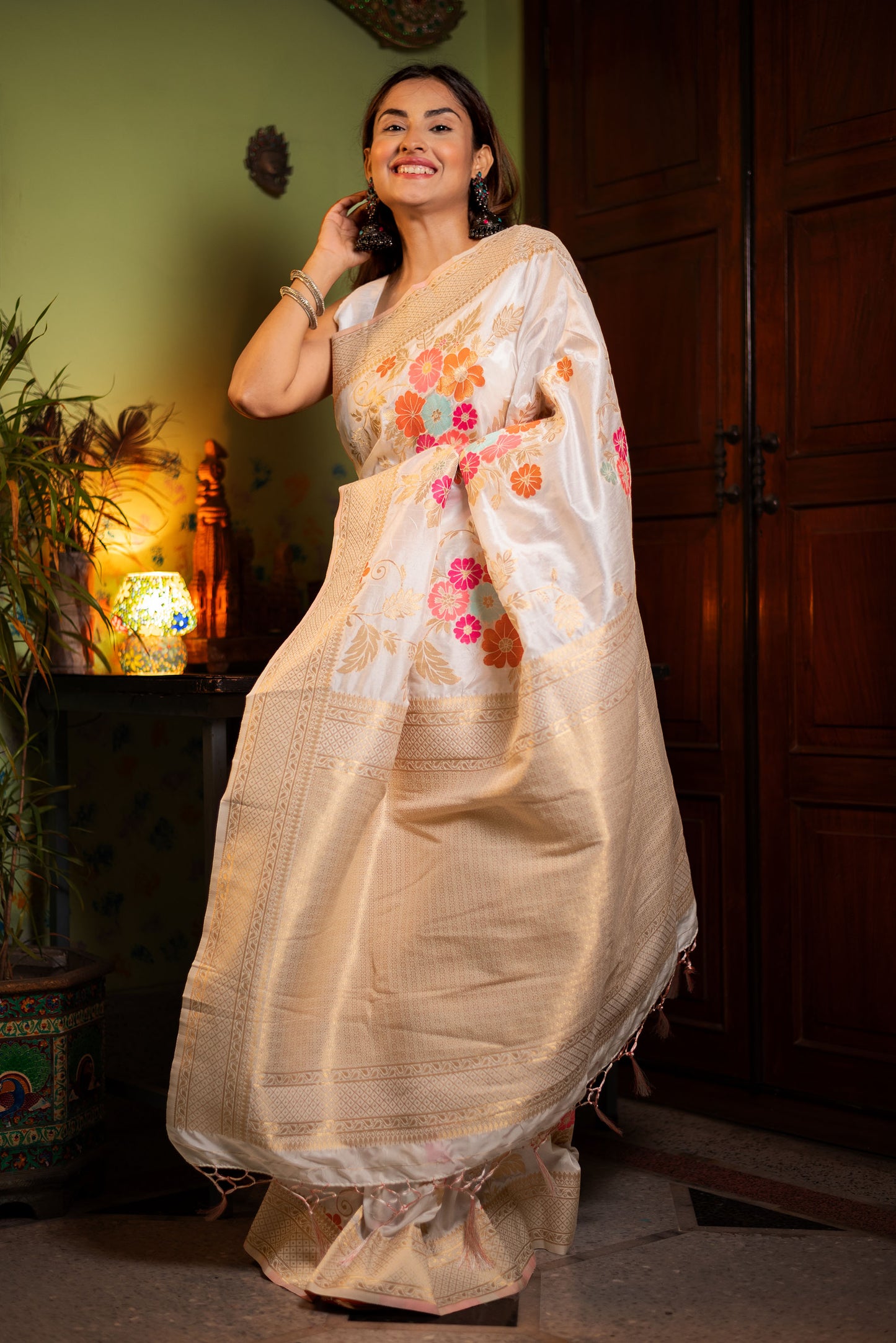 White floral viscose silk Powerloom saree