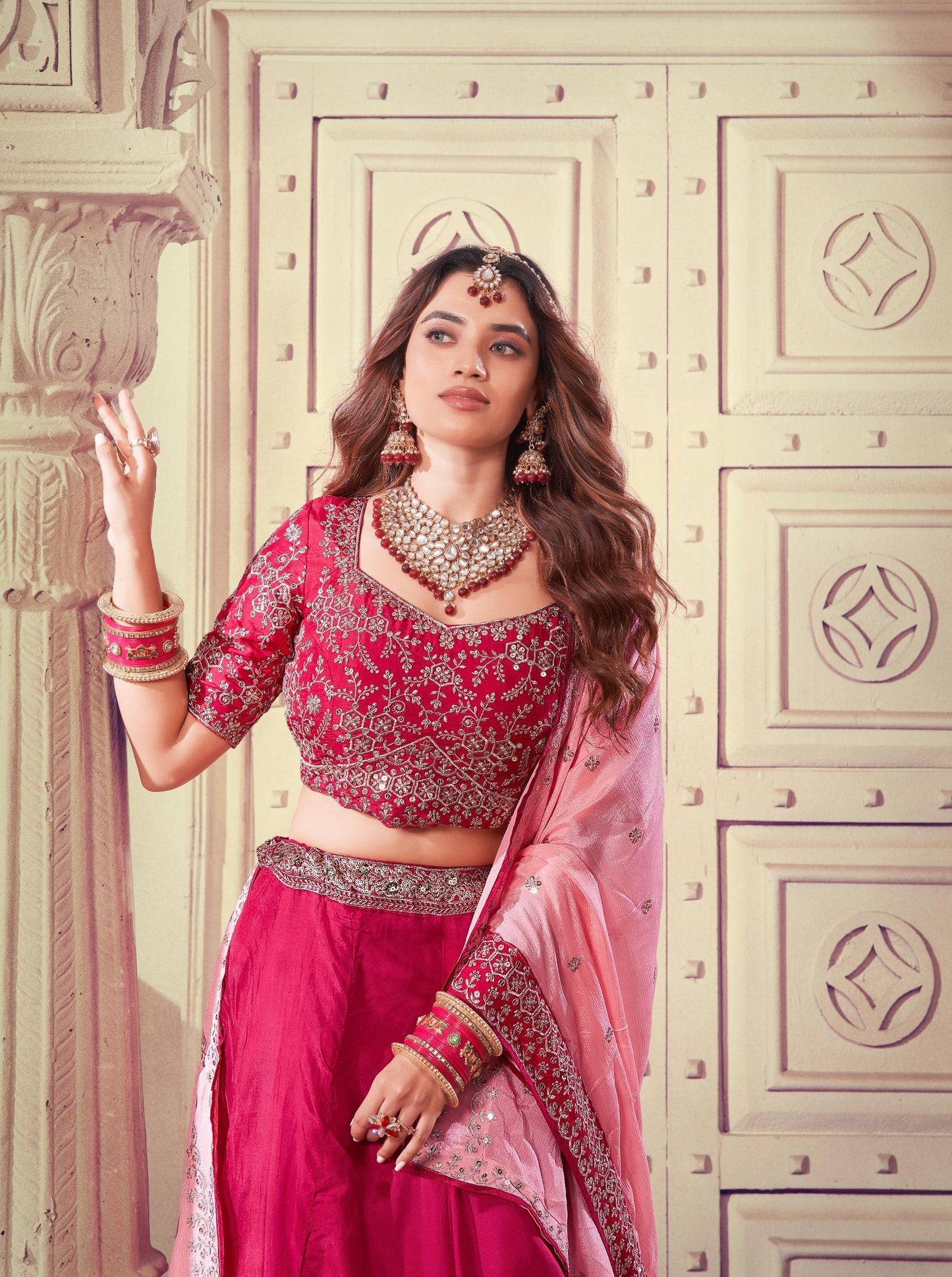 Dark Pink Sequence Embroidery Viscose Upada Silk Lehenga