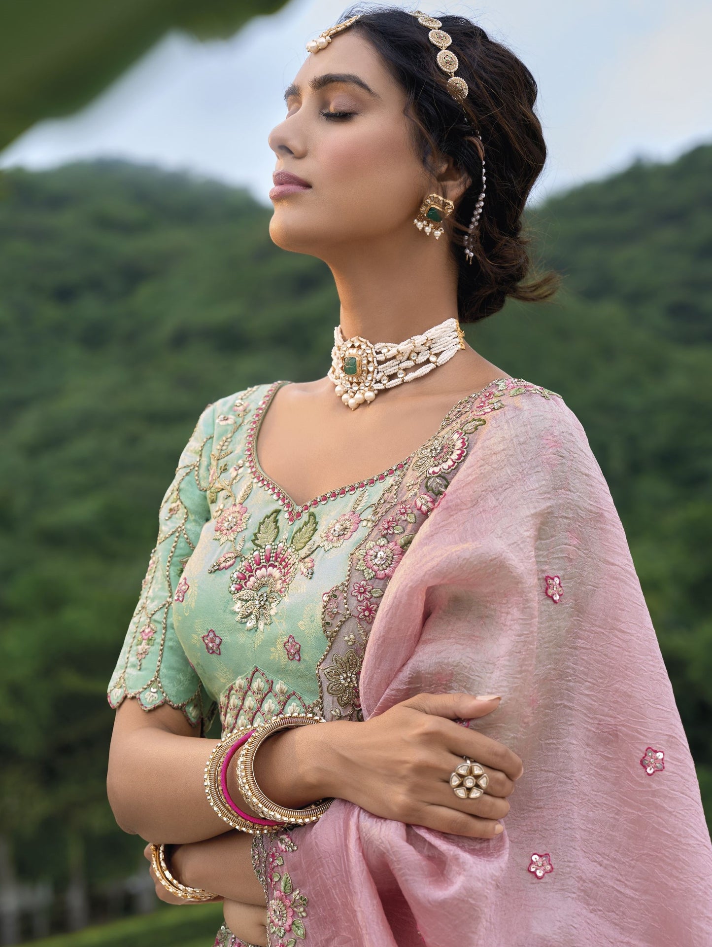 Pink Sequins and Floral Embroidery Silk Bridal Lehenga