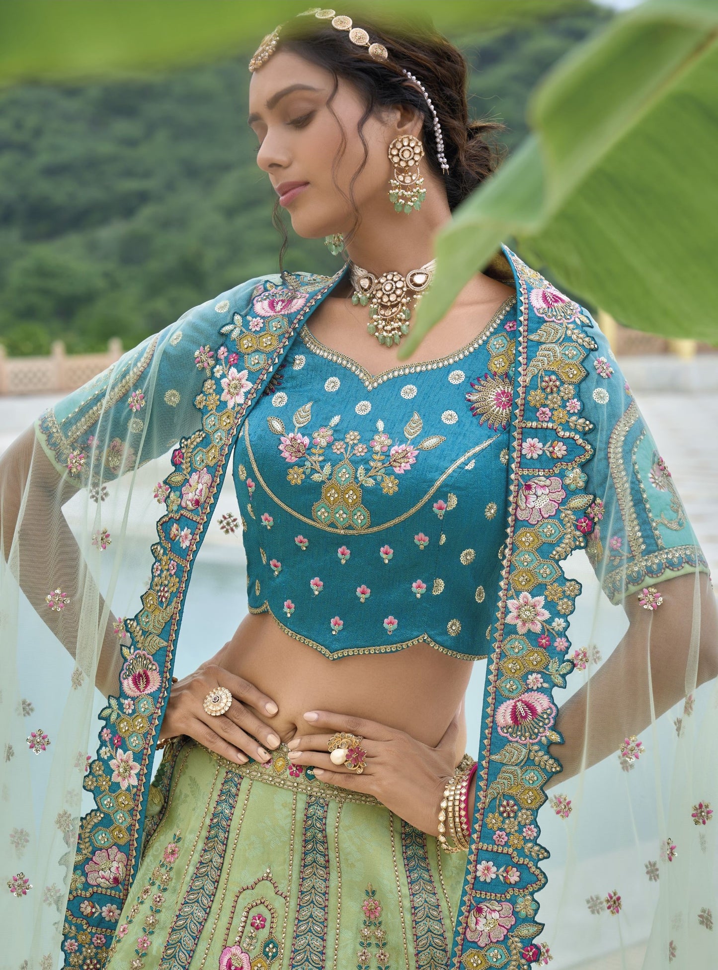 Green and Blue Sequins and Floral Embroidery Silk Bridesmaid Lehenga