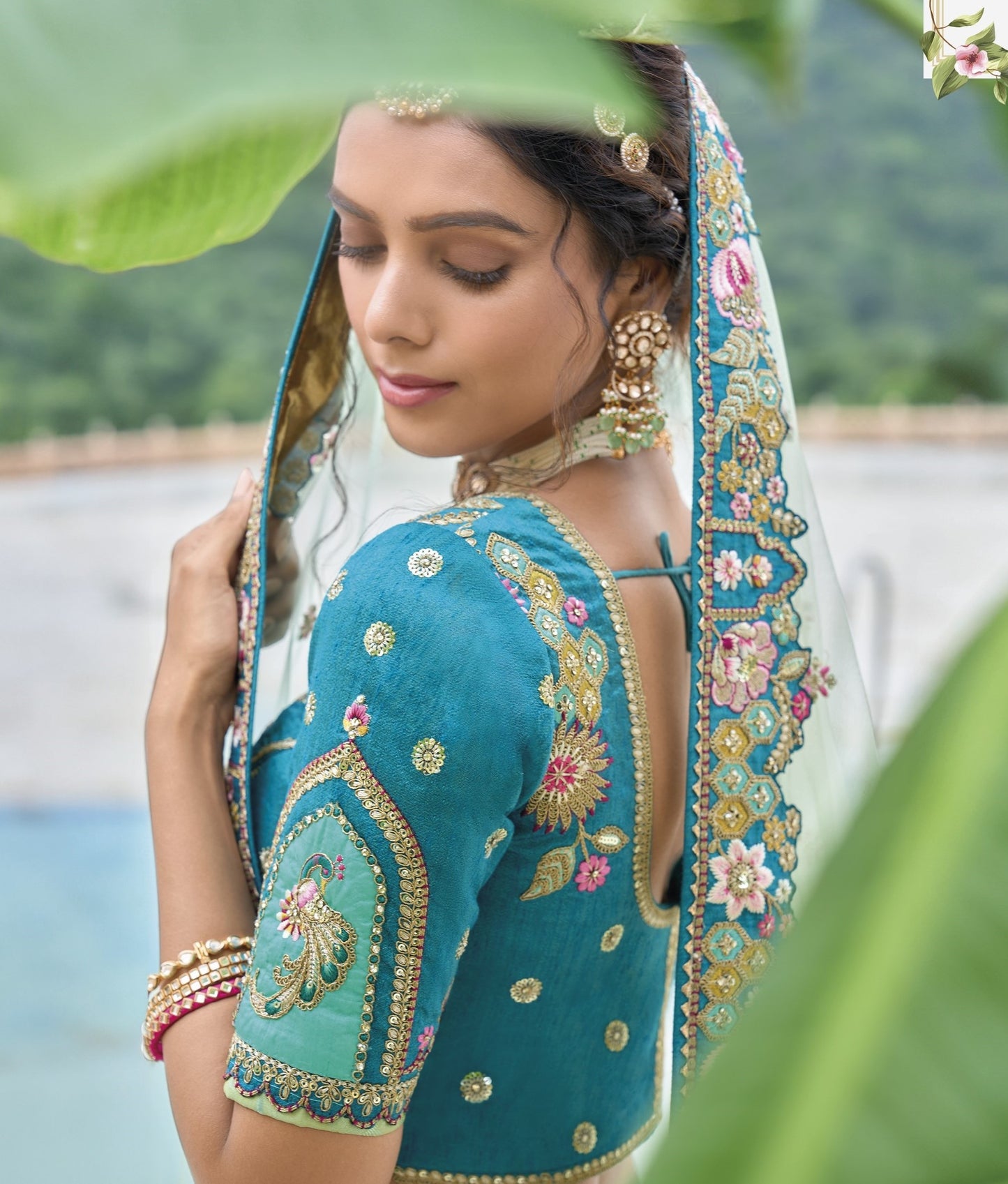 Green and Blue Sequins and Floral Embroidery Silk Bridesmaid Lehenga