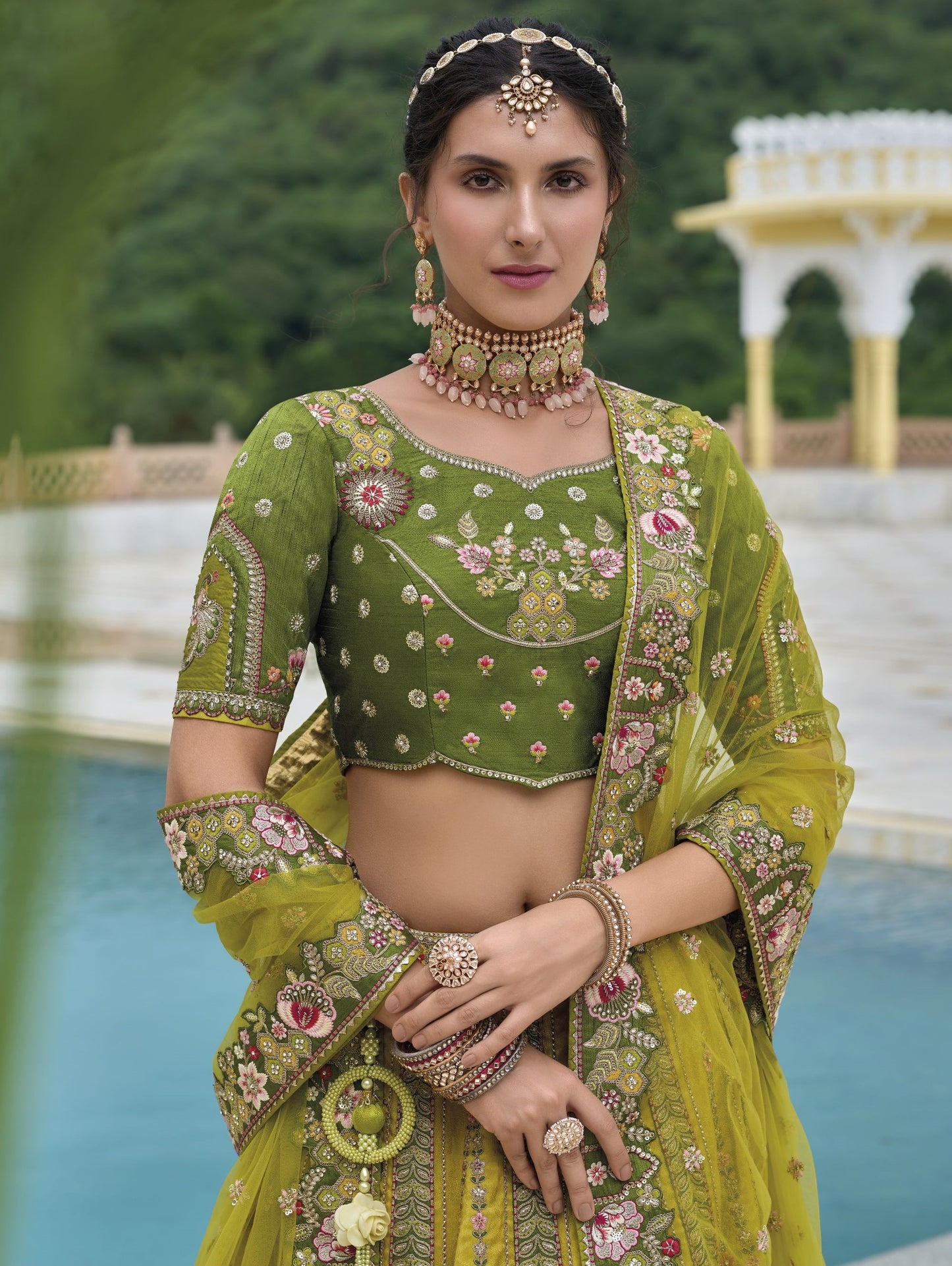 Green and Yellow Sequins and Floral Embroidery Silk Mehendi Lehenga