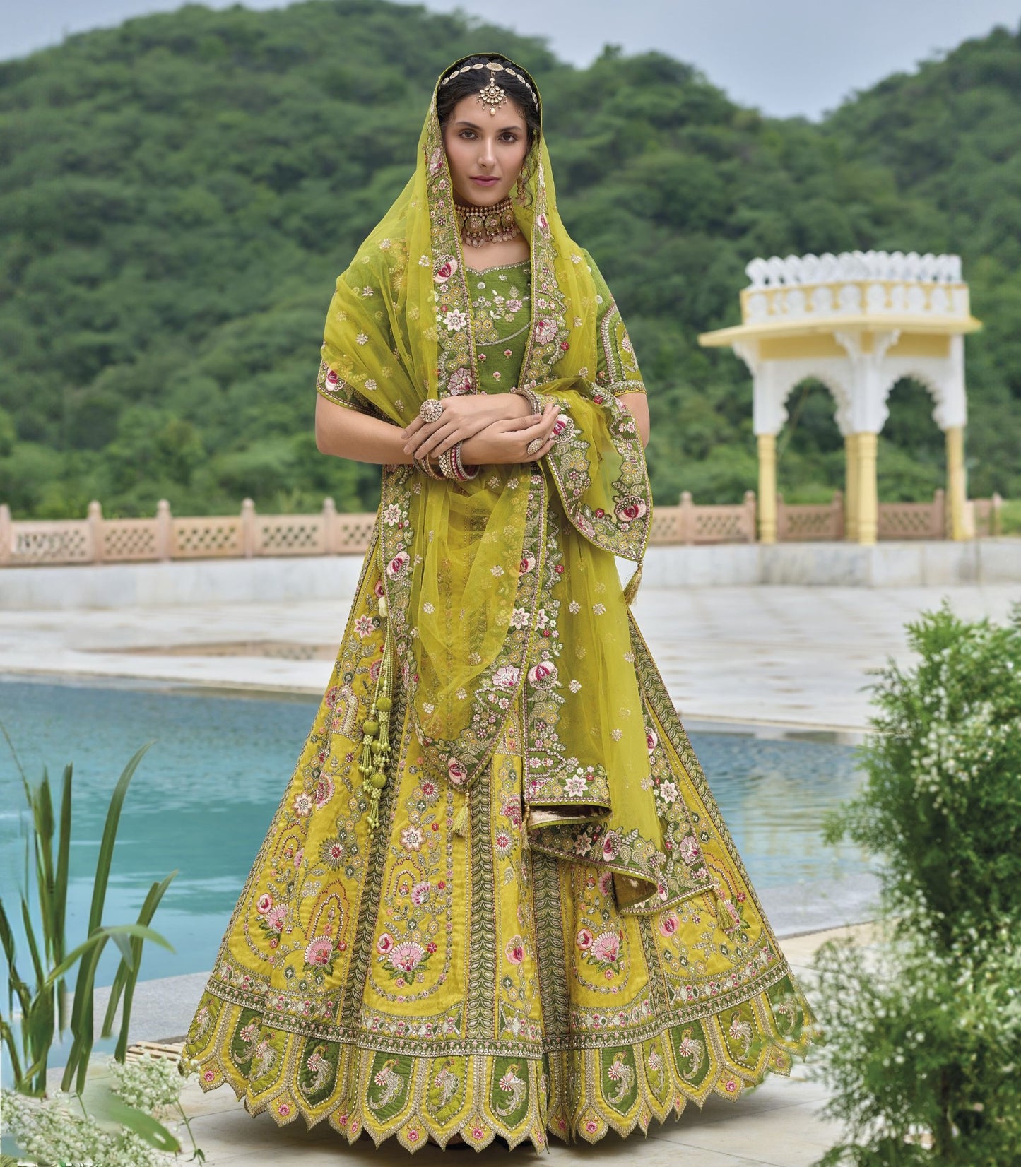 Green and Yellow Sequins and Floral Embroidery Silk Mehendi Lehenga