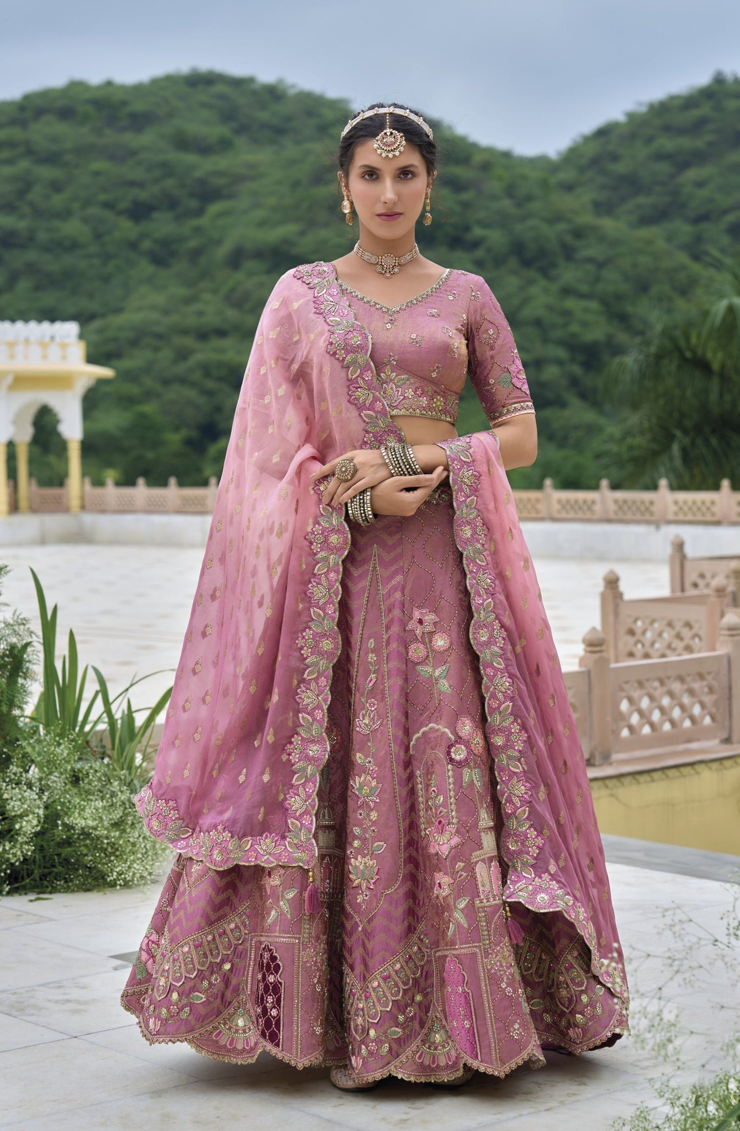 Mauve Pink Sequins and Floral Embroidery Silk Sangeet Lehenga