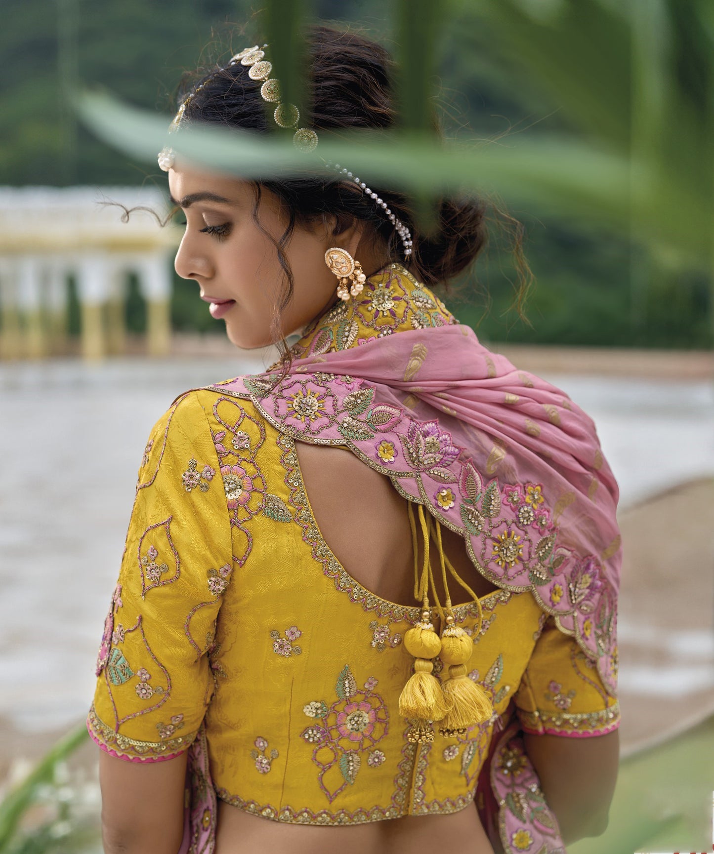 Yellow and Pink Sequins and Floral Embroidery Silk Haldi Lehenga