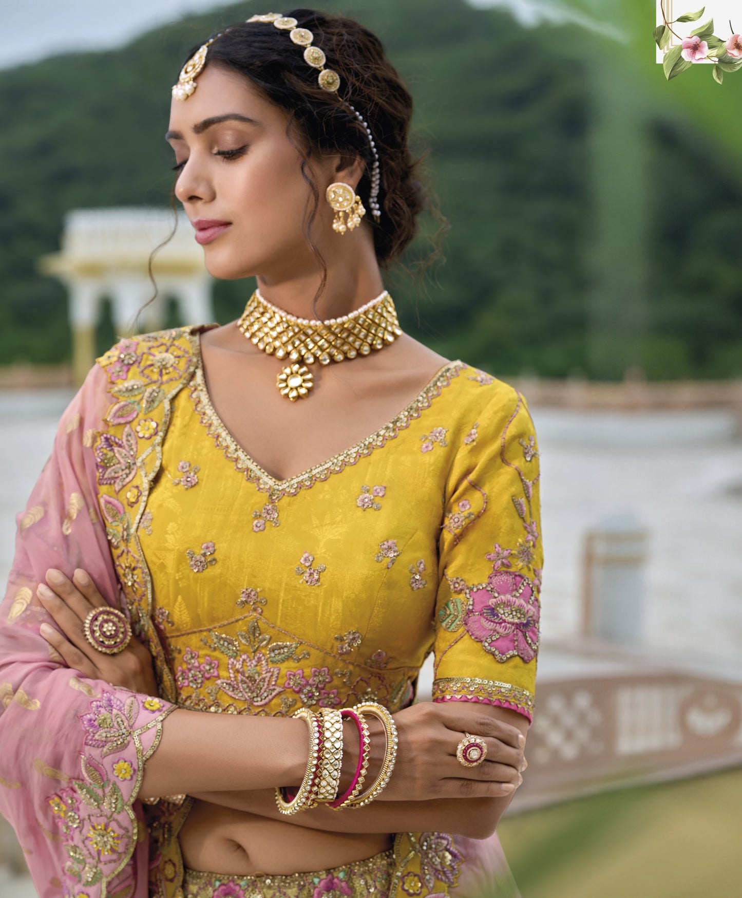 Yellow and Pink Sequins and Floral Embroidery Silk Haldi Lehenga