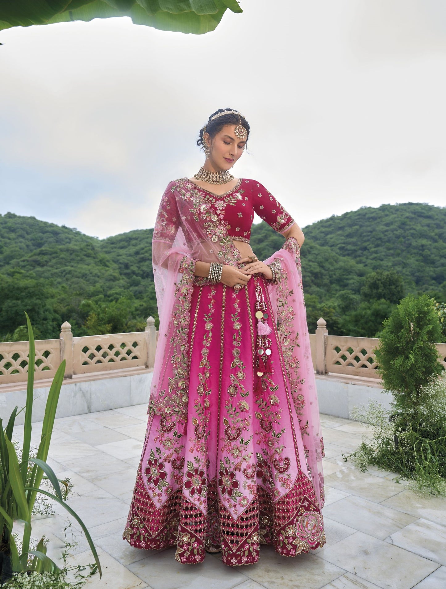 Blush Pink Sequins and Floral Embroidery Silk Bridal Lehenga