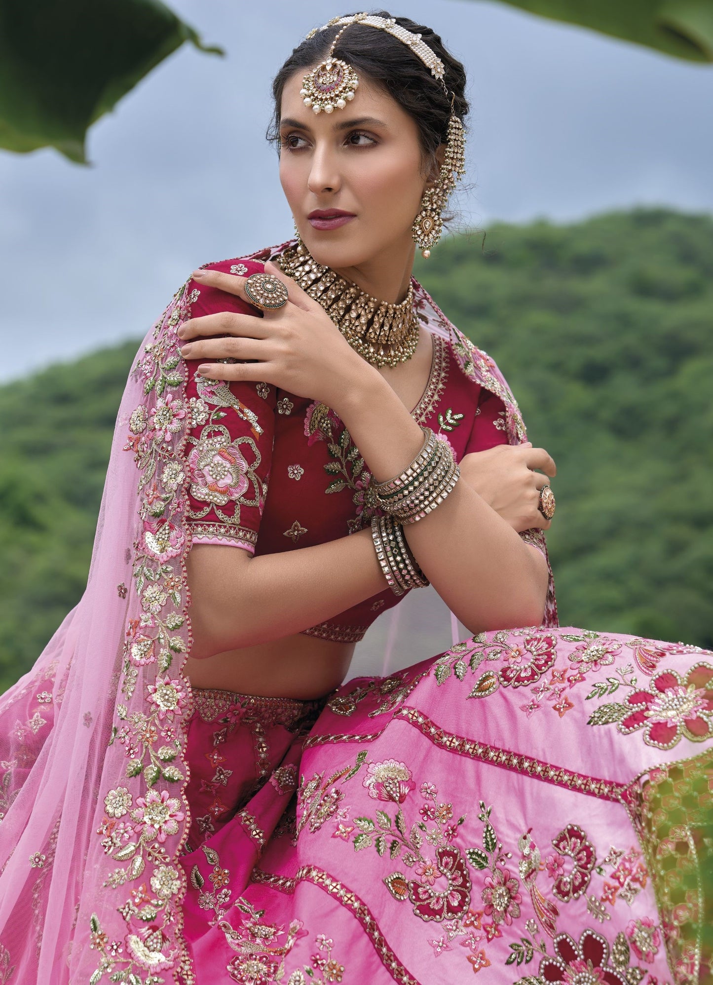 Blush Pink Sequins and Floral Embroidery Silk Bridal Lehenga