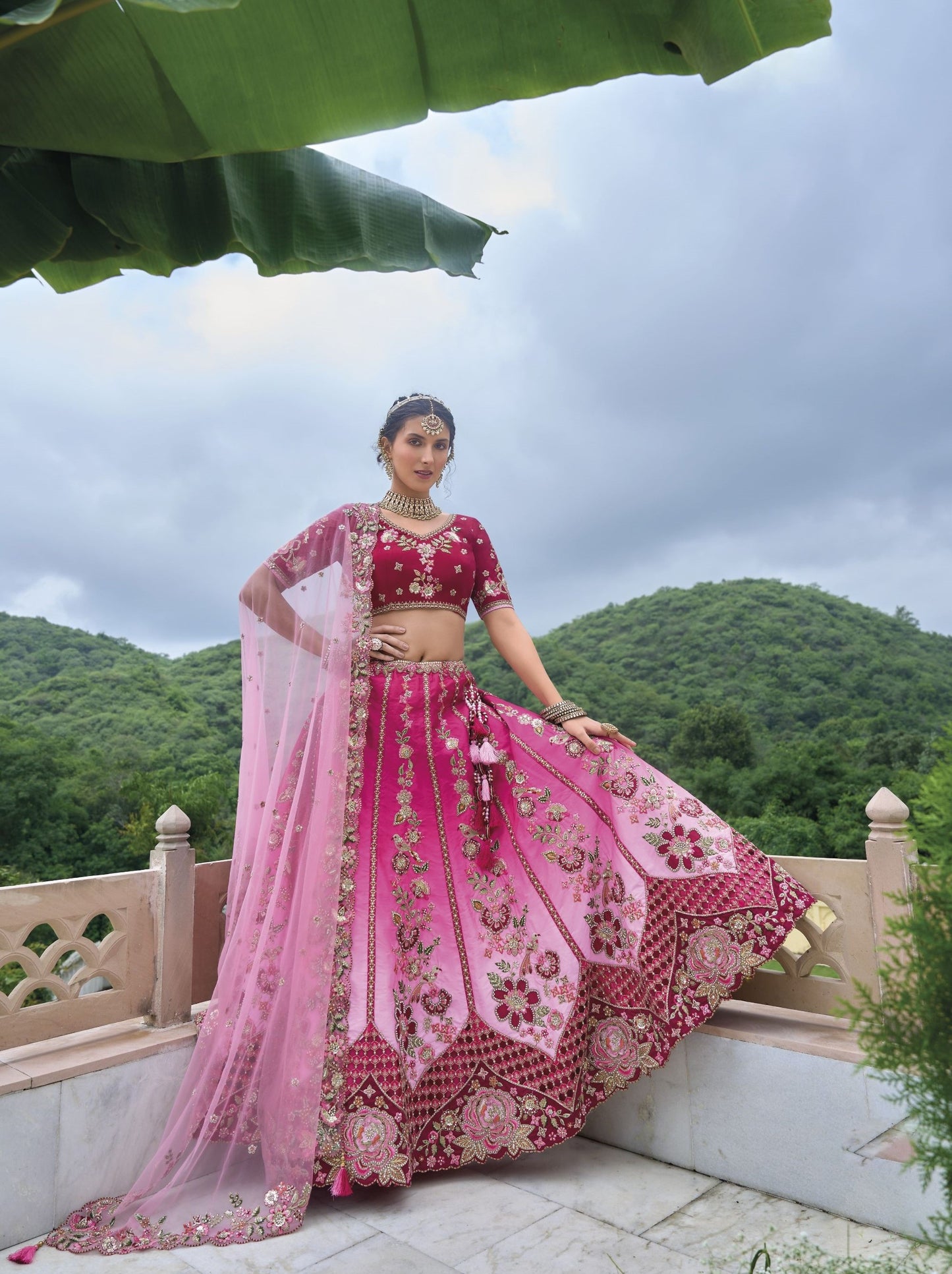 Blush Pink Sequins and Floral Embroidery Silk Bridal Lehenga