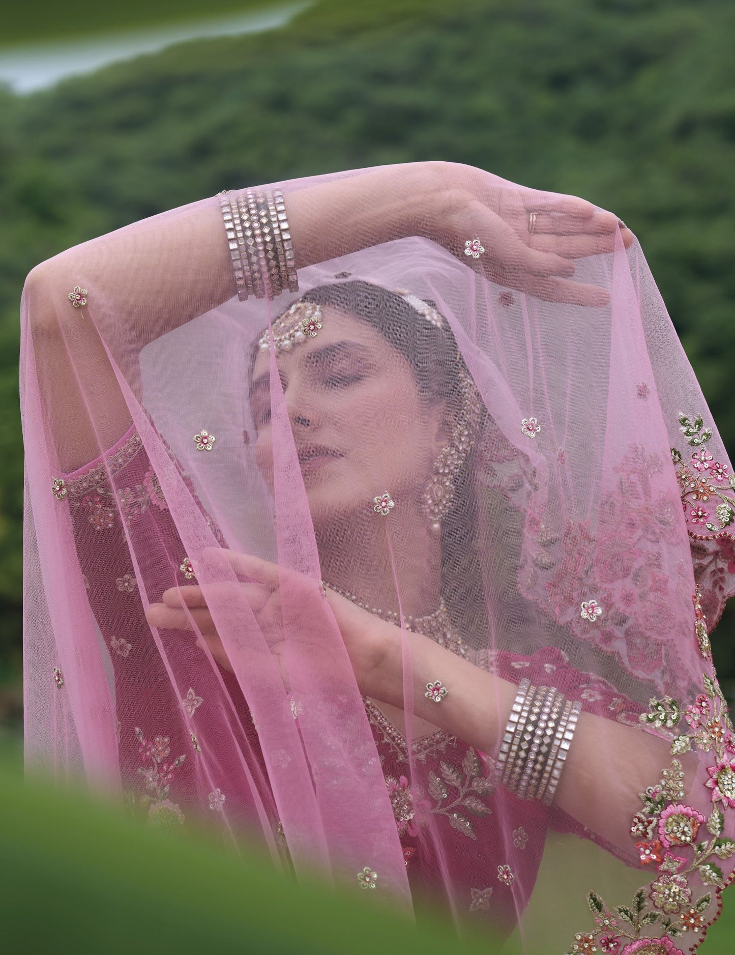 Blush Pink Sequins and Floral Embroidery Silk Bridal Lehenga