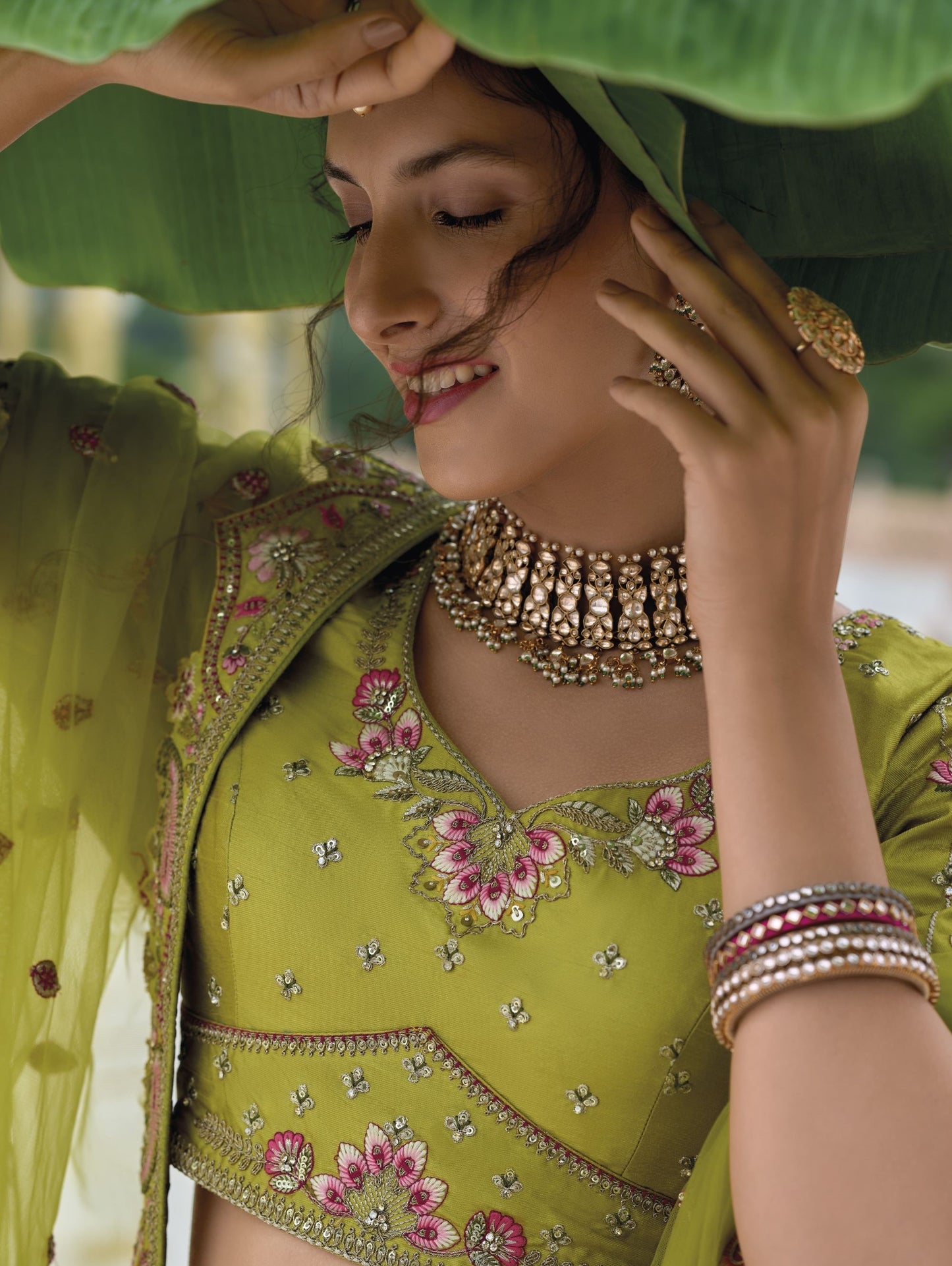 Mehendi Green Sequins and Floral Embroidery Silk Bridesmaid Lehenga