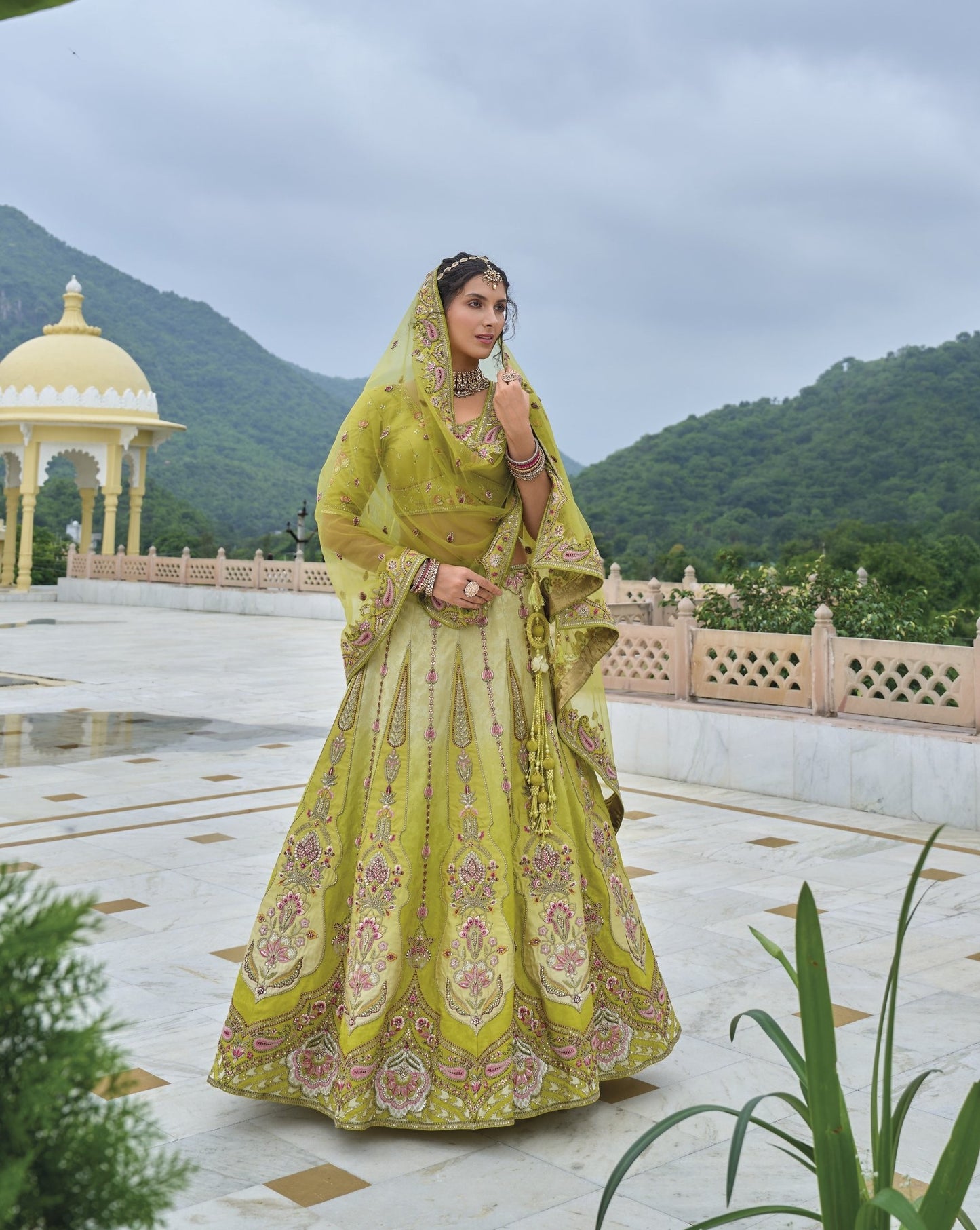 Mehendi Green Sequins and Floral Embroidery Silk Bridesmaid Lehenga