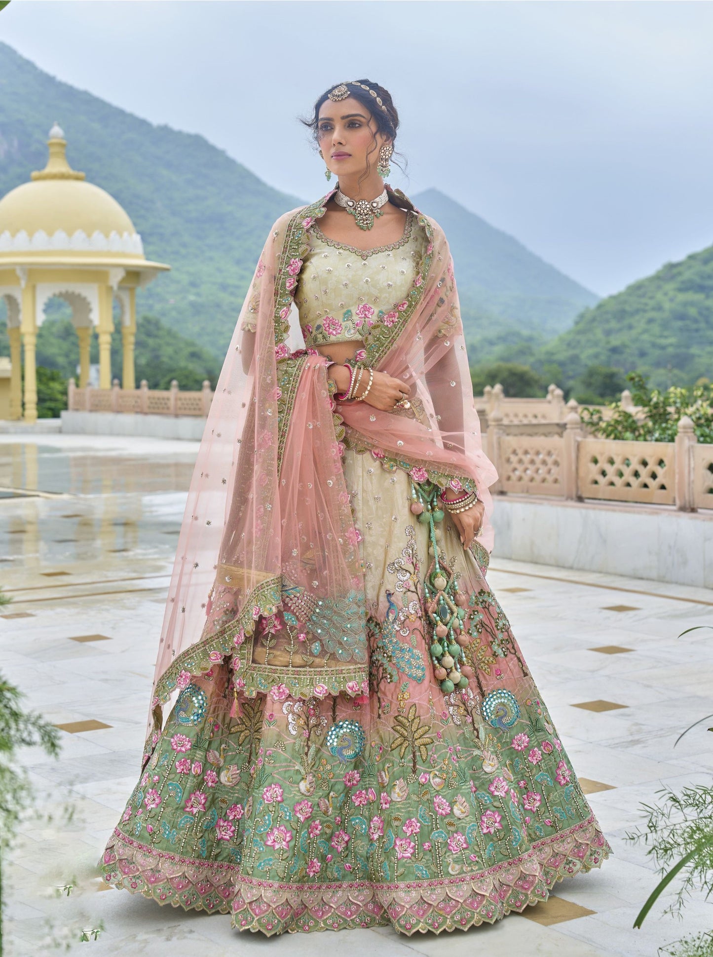 Green and Cream Sequins Embroidery Silk Bridal Lehenga