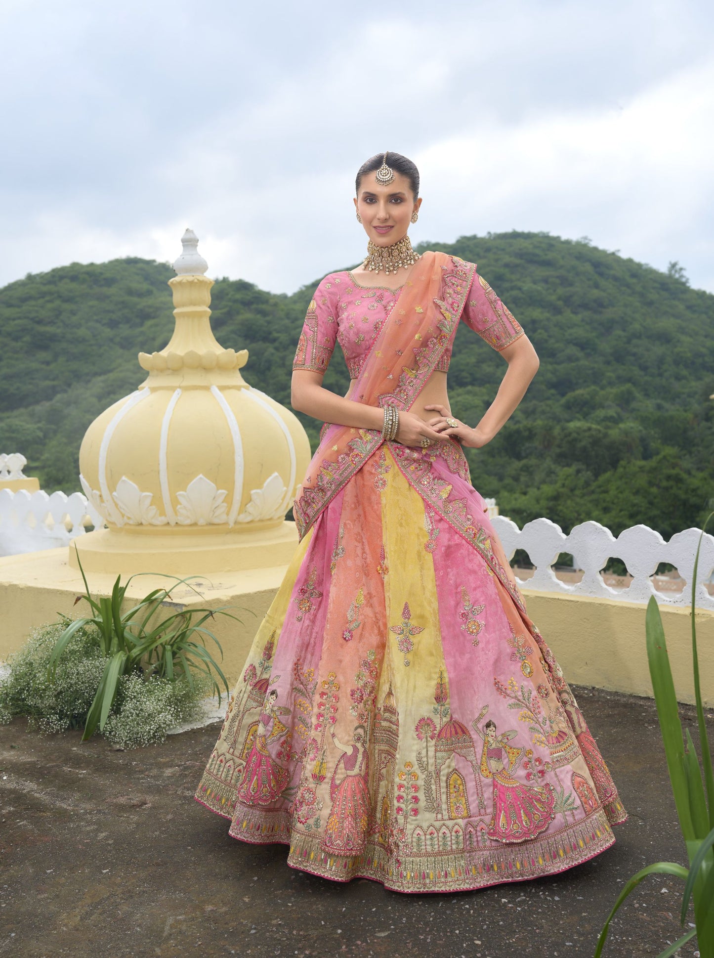 Multi Color Khatli and Sequence Embroidery Silk Bridal Lehenga