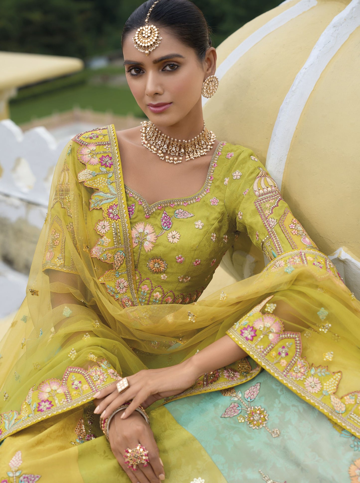 Mehendi Green Khatli and Sequence Embroidery Silk Bridal Lehenga