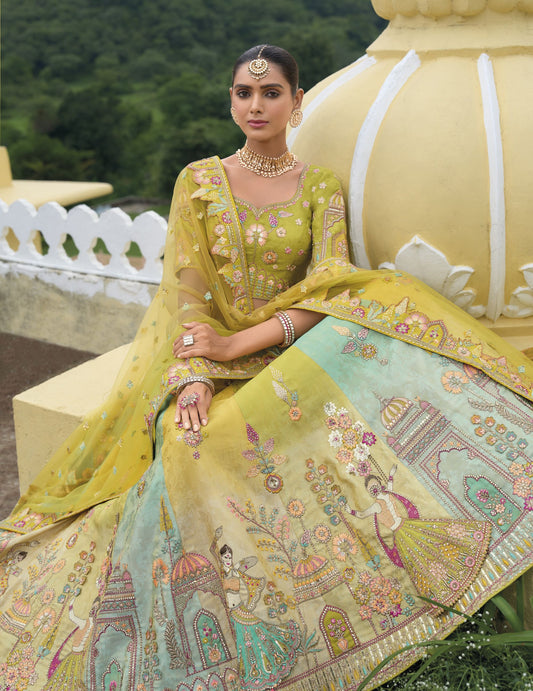 Mehendi Green Khatli and Sequence Embroidery Silk Bridal Lehenga