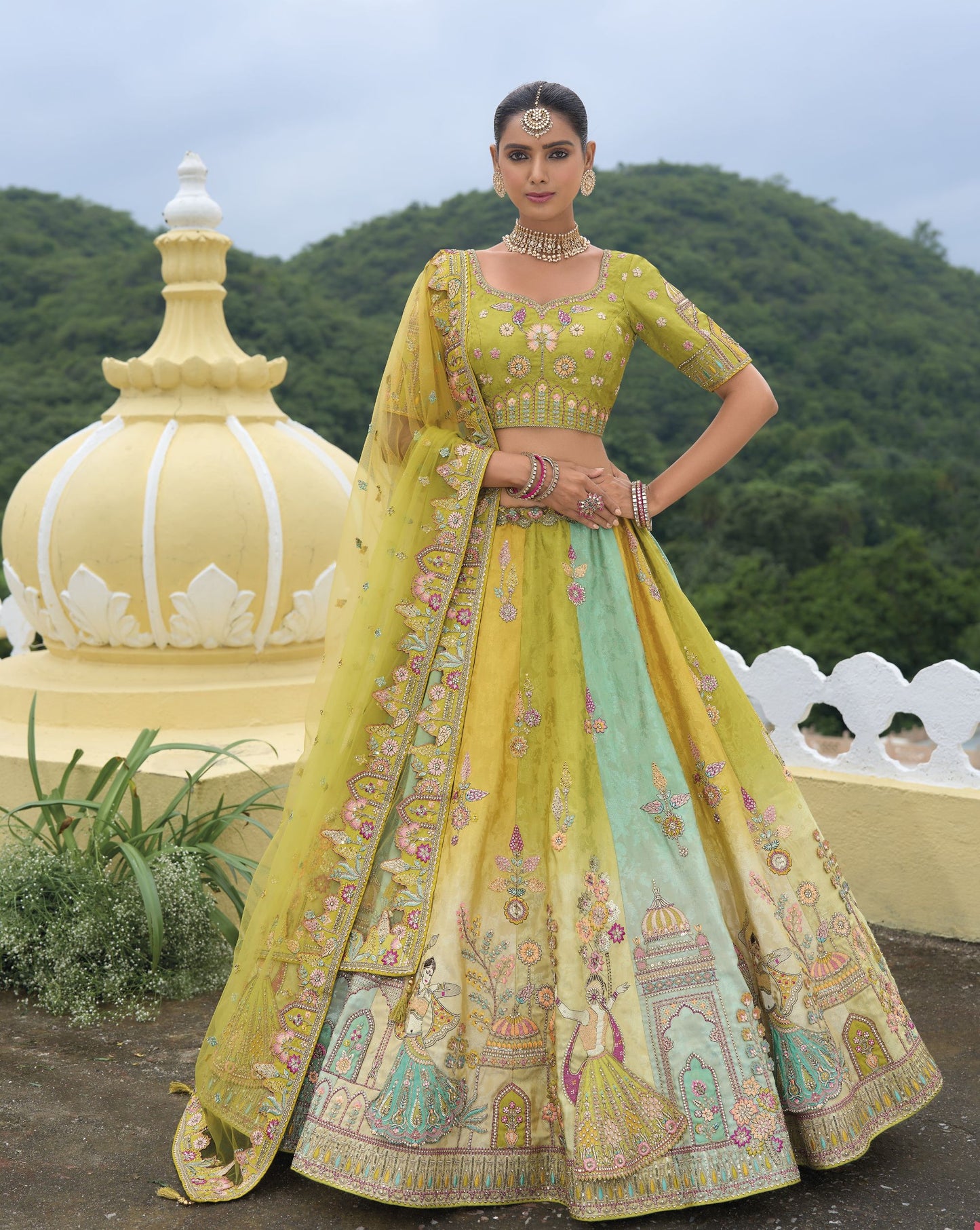 Mehendi Green Khatli and Sequence Embroidery Silk Bridal Lehenga