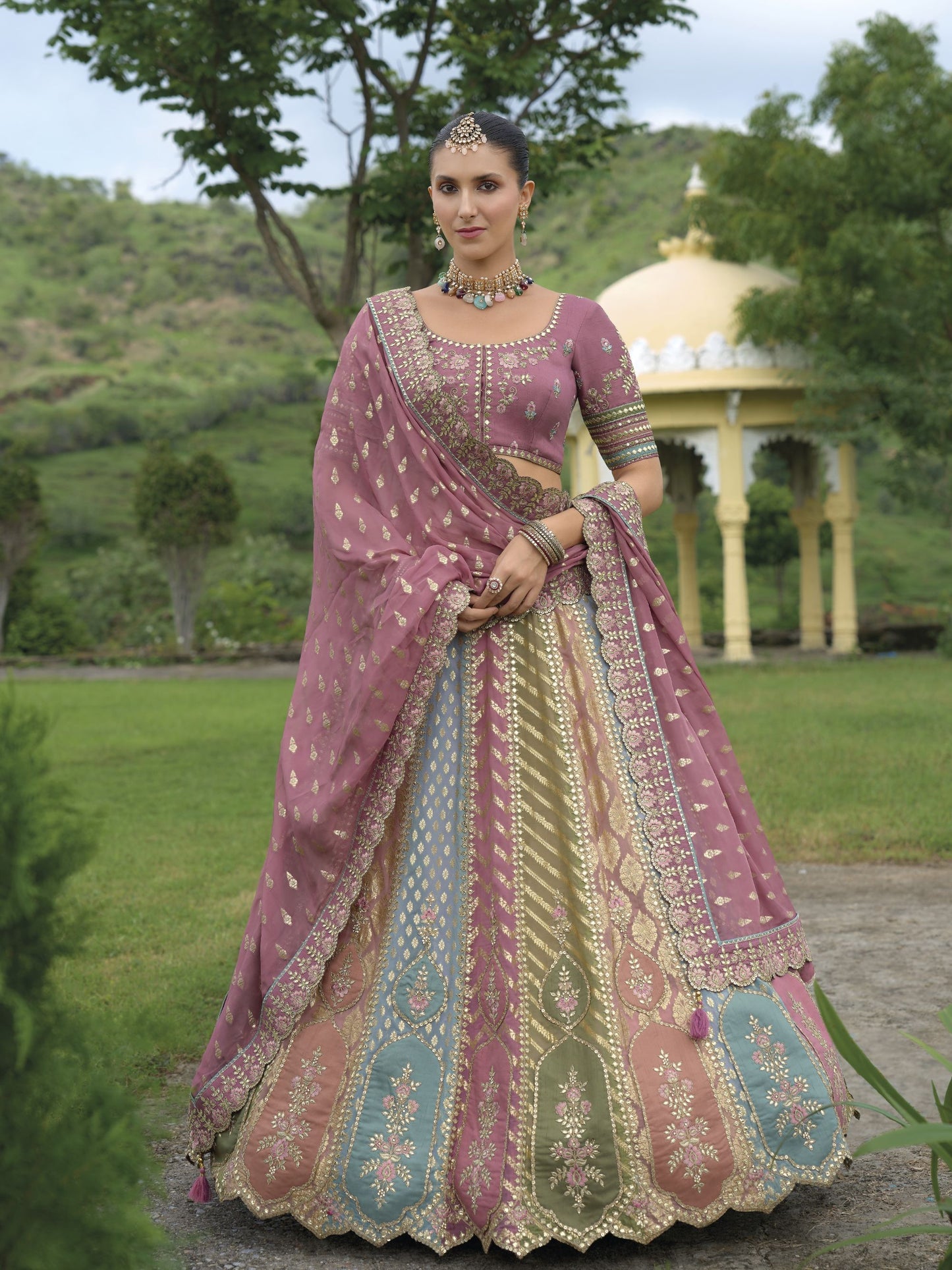 Lavender Khatli and Sequence Embroidery Silk Bridal Lehenga