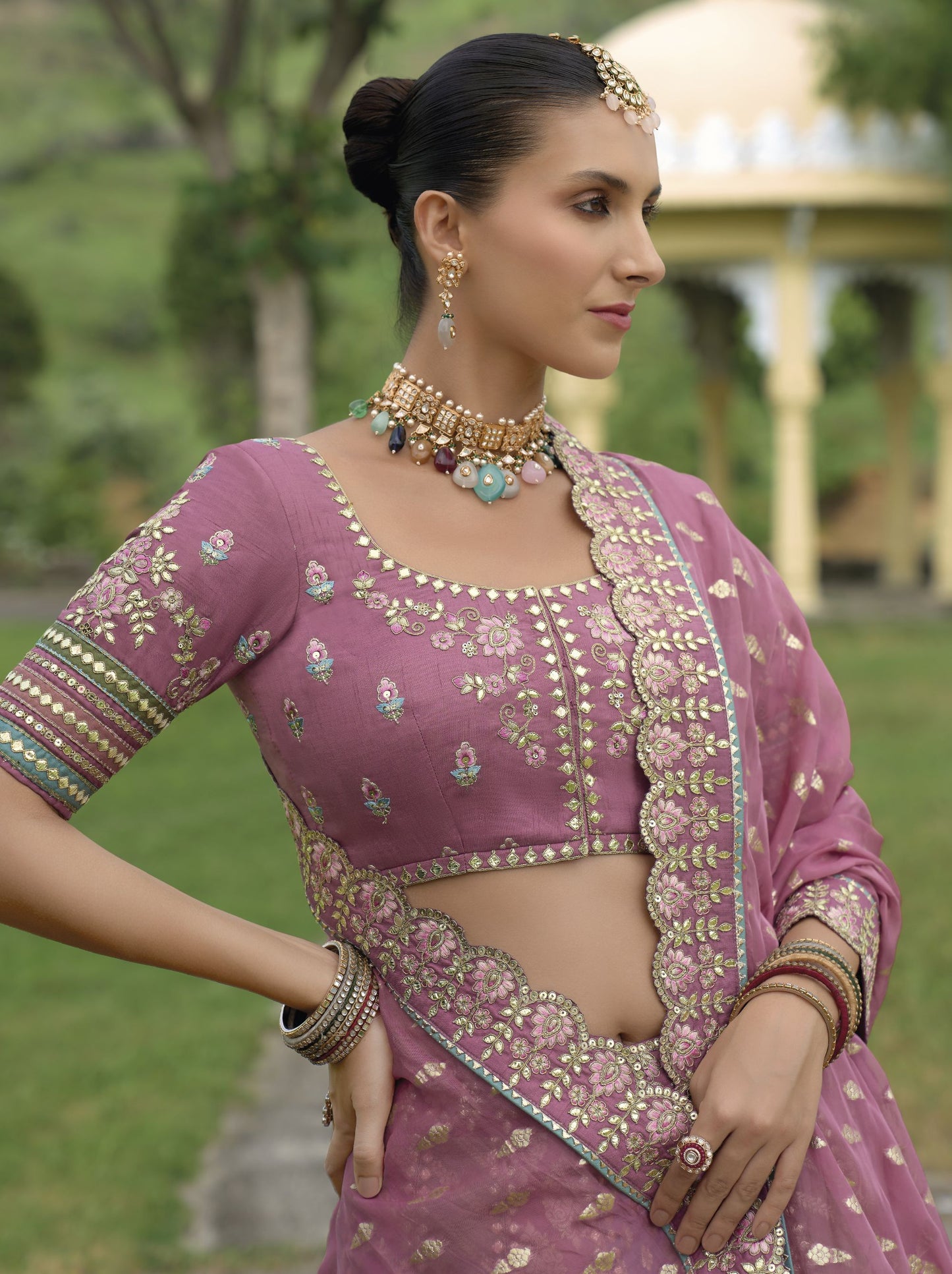 Lavender Khatli and Sequence Embroidery Silk Bridal Lehenga