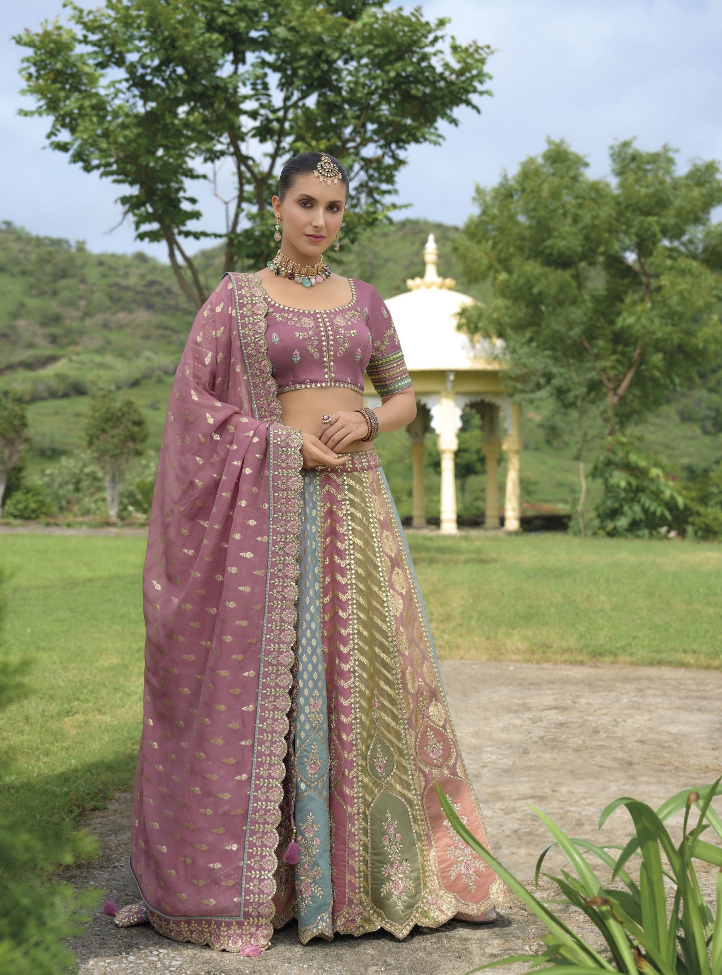 Lavender Khatli and Sequence Embroidery Silk Bridal Lehenga