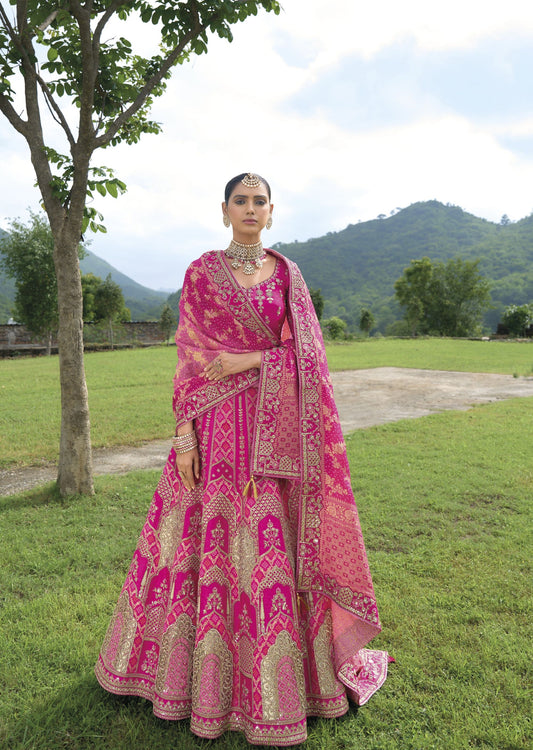 Dark Pink Khatli and Sequence Embroidery Silk Bridal Lehenga