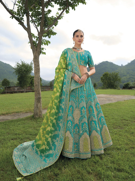 Rama Green Khatli and Sequence Embroidery Silk Bridal Lehenga