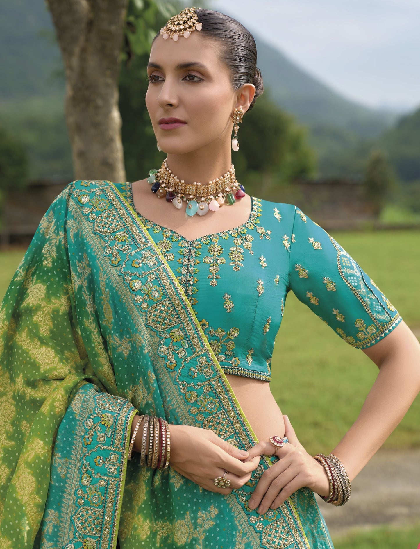 Rama Green Khatli and Sequence Embroidery Silk Bridal Lehenga