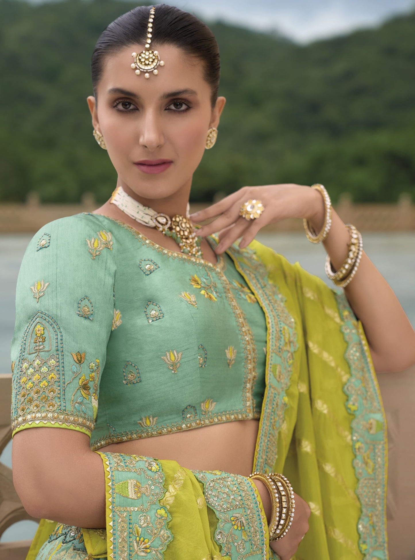 Sea Green Khatli and Sequence Embroidery Silk Bridal Lehenga