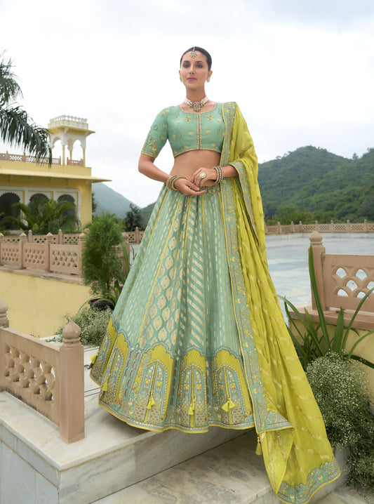 Sea Green Khatli and Sequence Embroidery Silk Bridal Lehenga