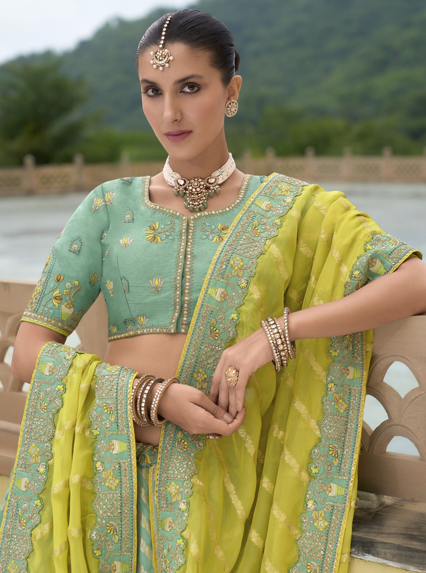 Sea Green Khatli and Sequence Embroidery Silk Bridal Lehenga