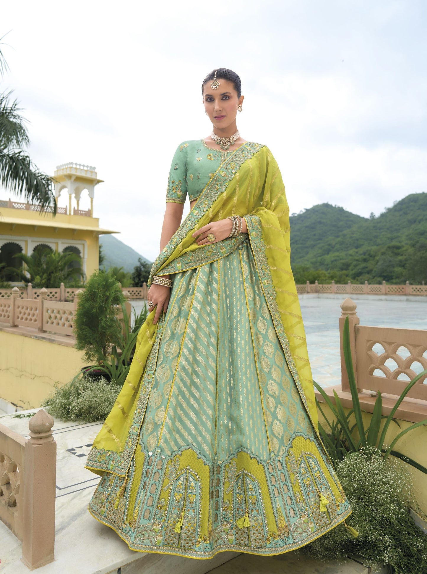 Sea Green Khatli and Sequence Embroidery Silk Bridal Lehenga