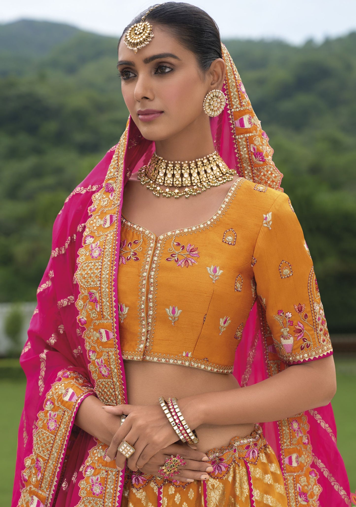 Mustard Khatli and Sequence Embroidery Silk Bridal Lehenga