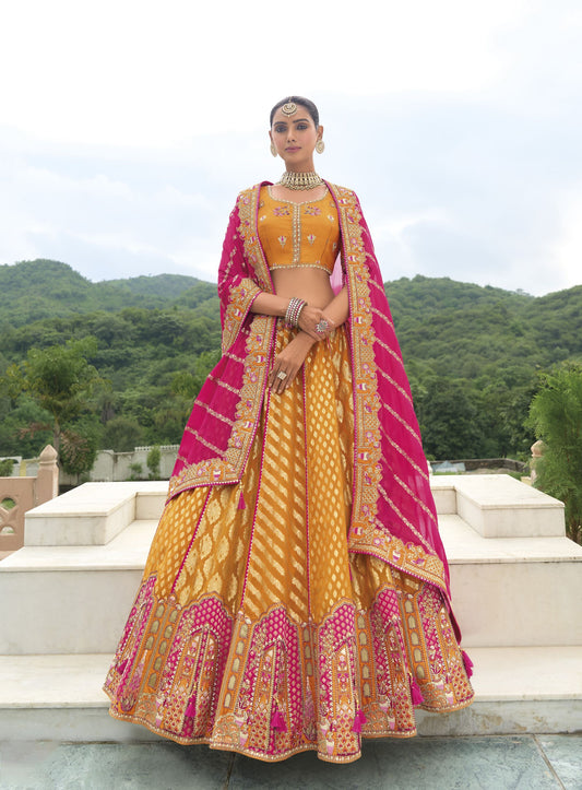 Mustard Khatli and Sequence Embroidery Silk Bridal Lehenga