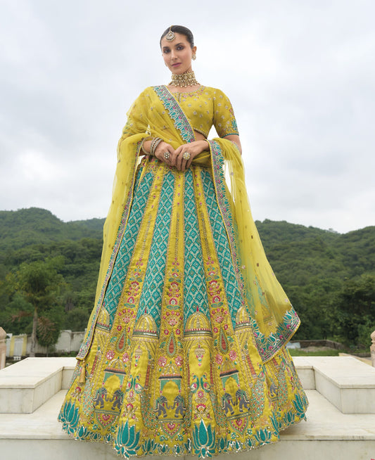 Yellow and Green Khatli and Sequence Embroidery Silk Bridal Lehenga