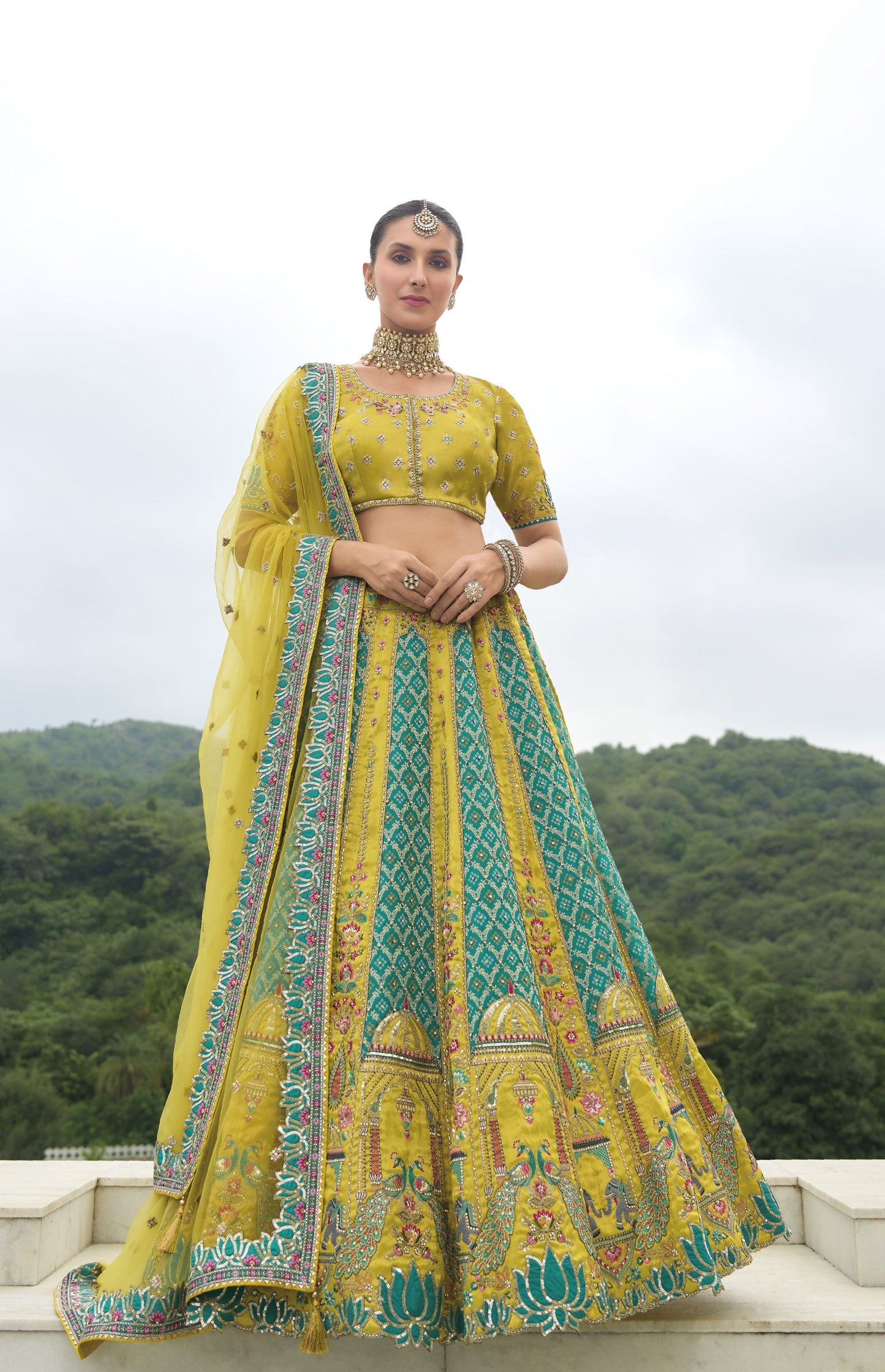 Yellow and Green Khatli and Sequence Embroidery Silk Bridal Lehenga